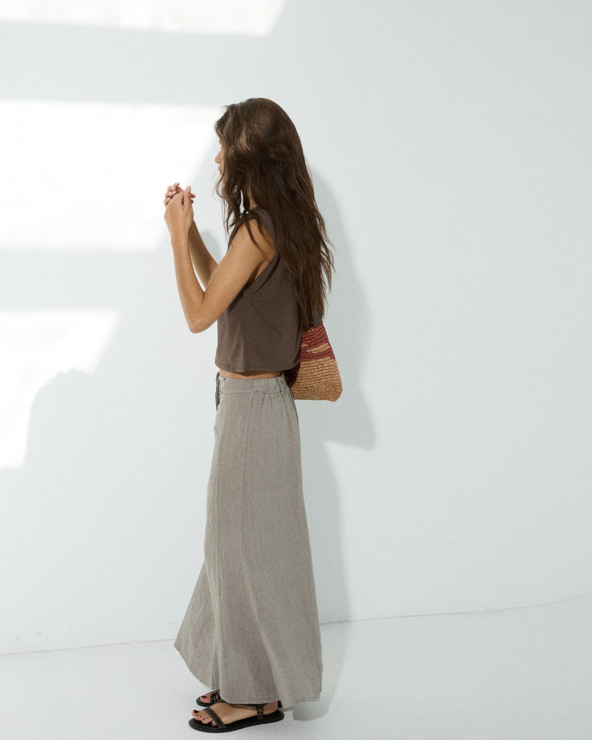 Falda Larga Lino Costura Taupe