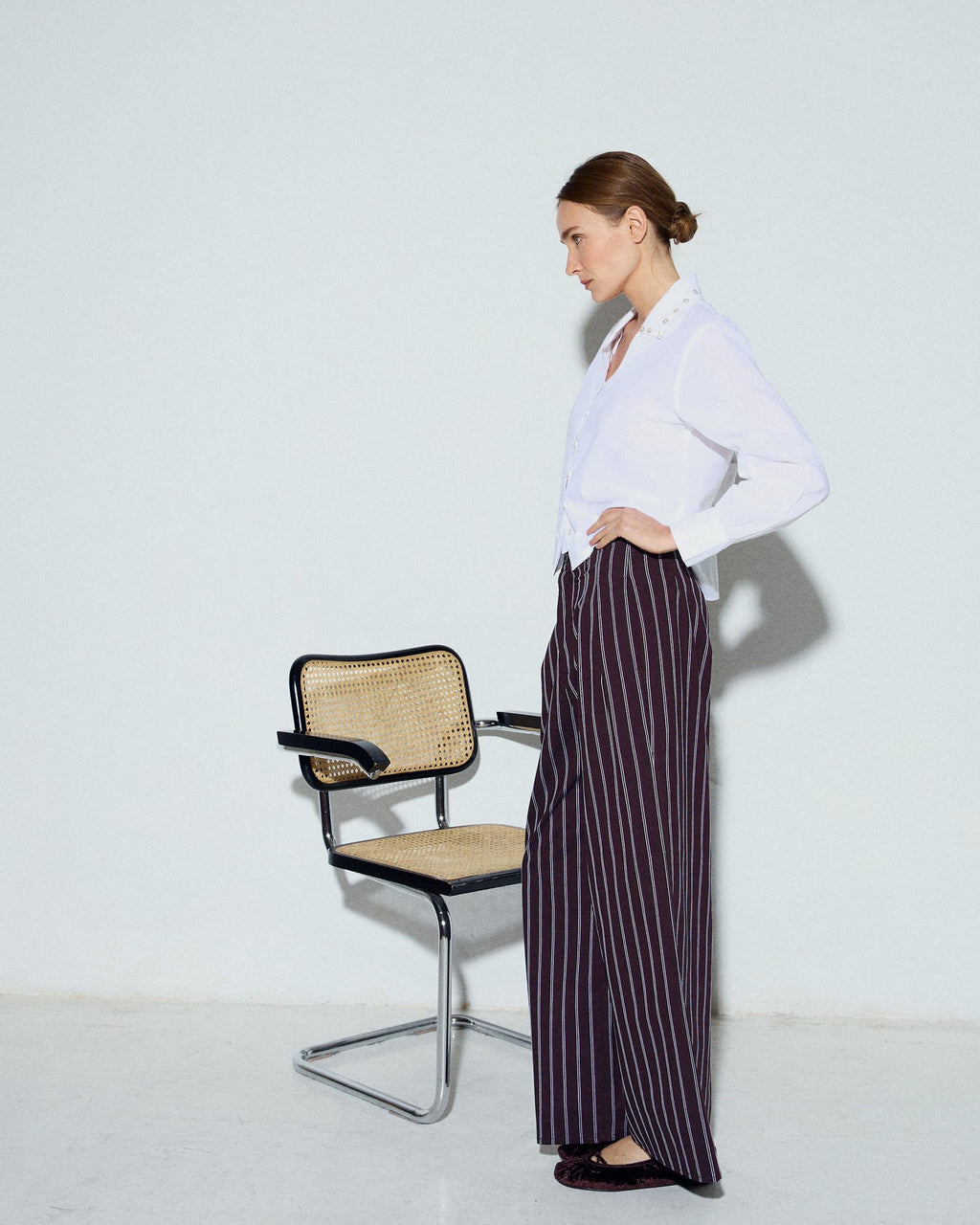 Pantalón Rayas Wide Leg Pinzas Marrón