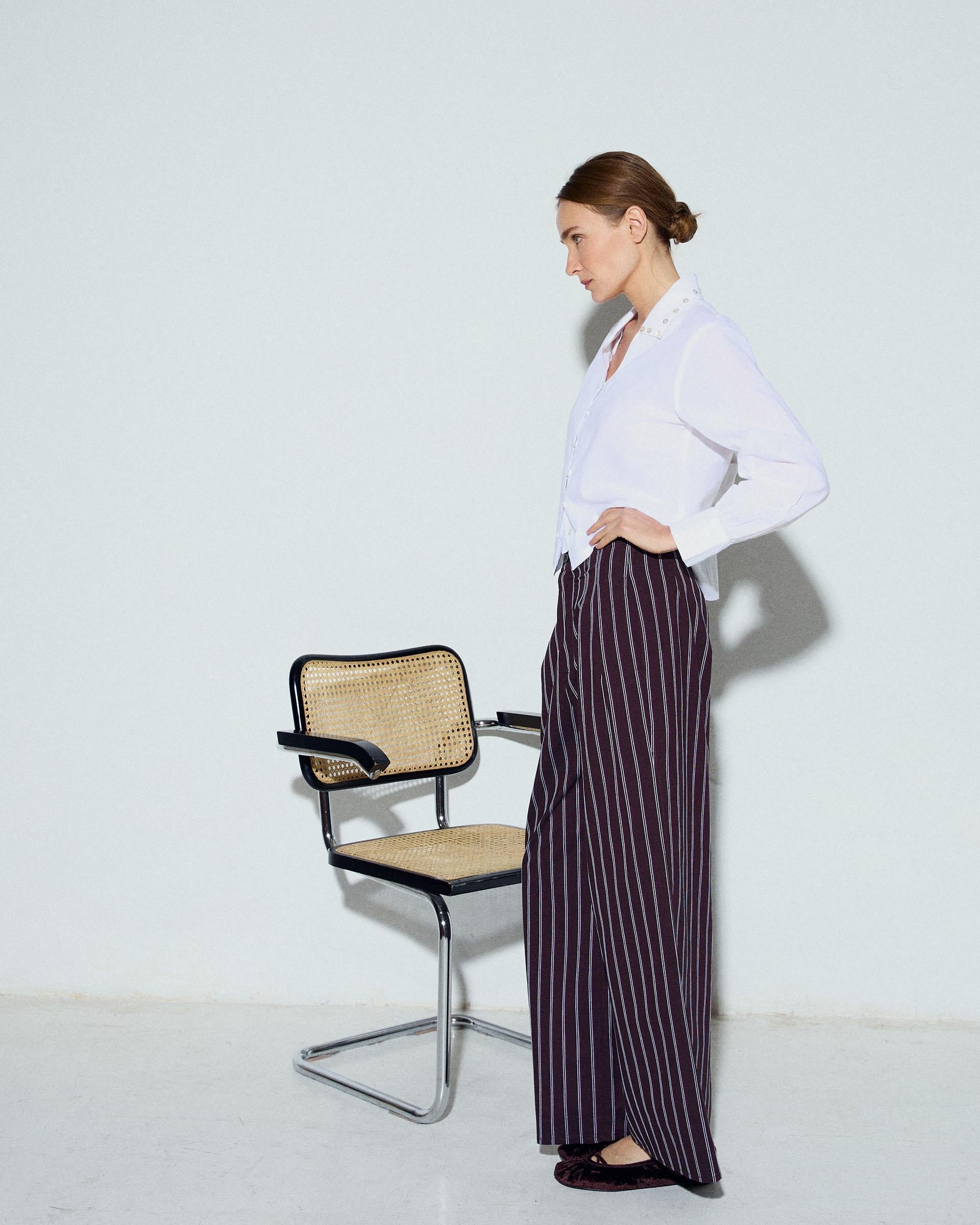 Pantalón Rayas Wide Leg Pinzas Marrón