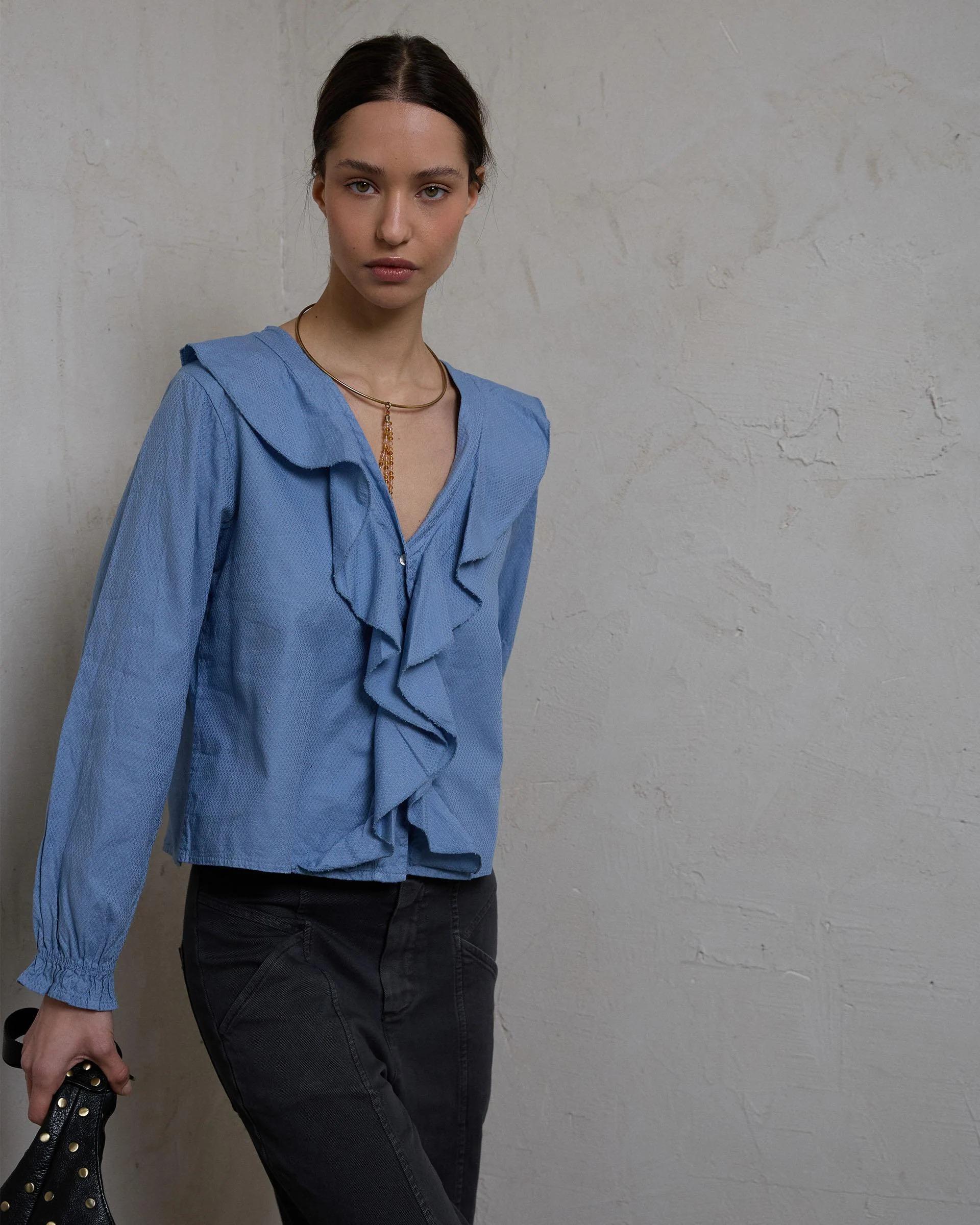 Blusa Cuello V Volantes Azul