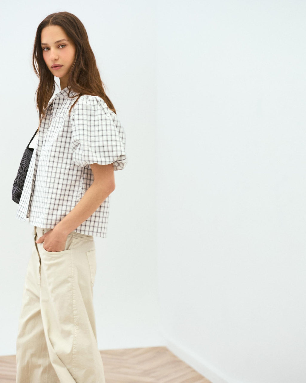 Blusa Manga Abullonada Cuadros Blanca