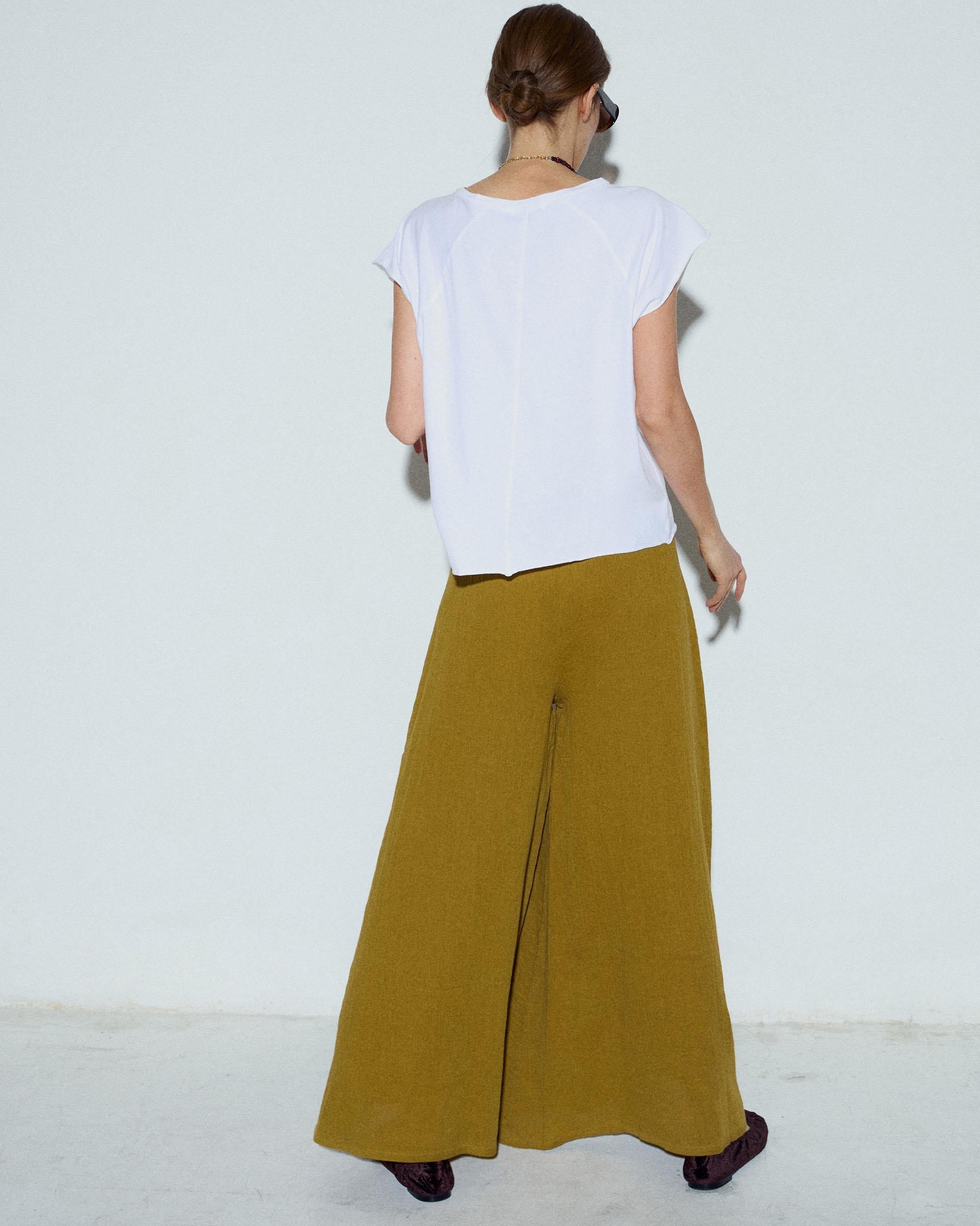 Pantalón Bordados Cinturilla Mostaza