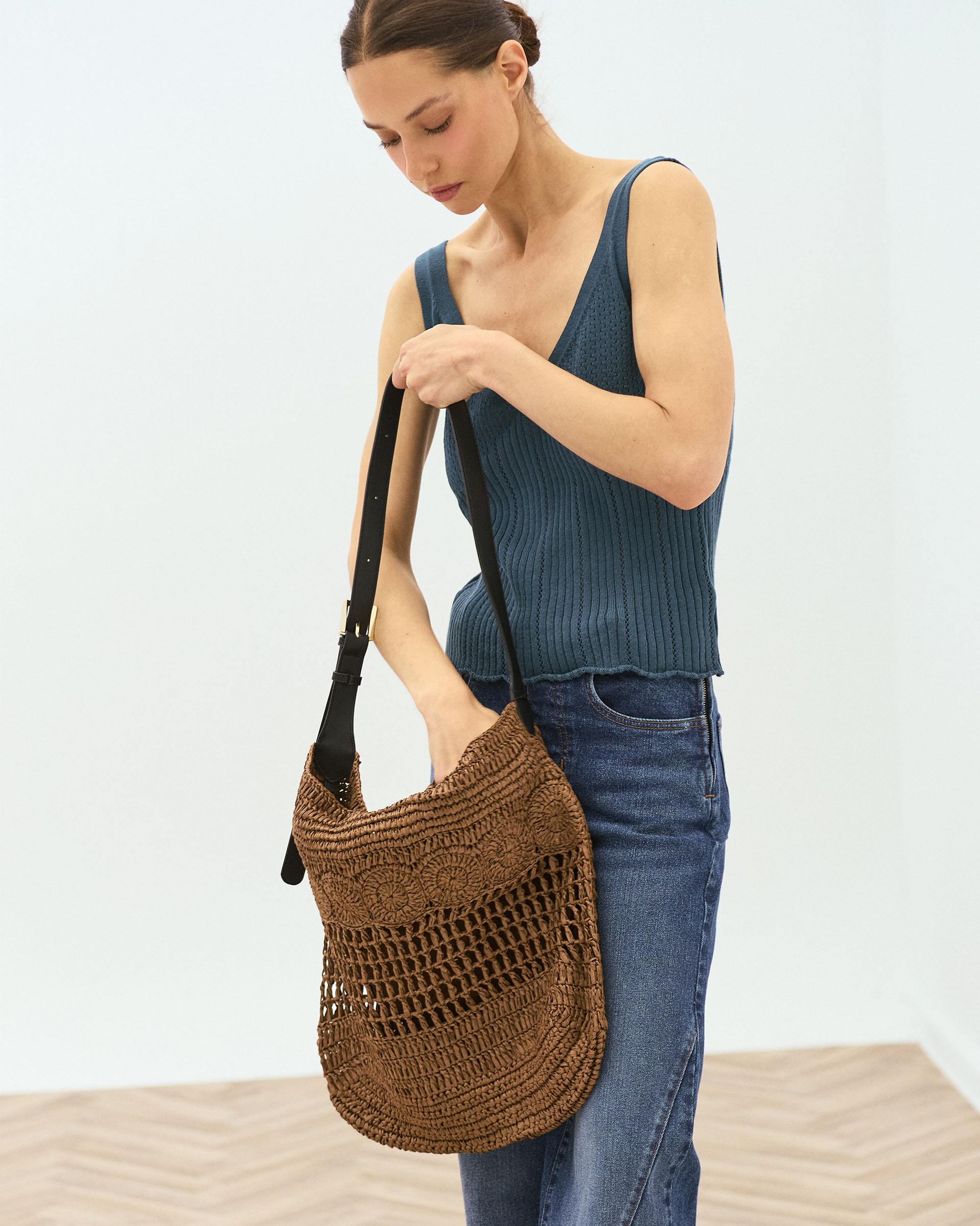 Bolso Hombro Rafia Troquelados Marrón