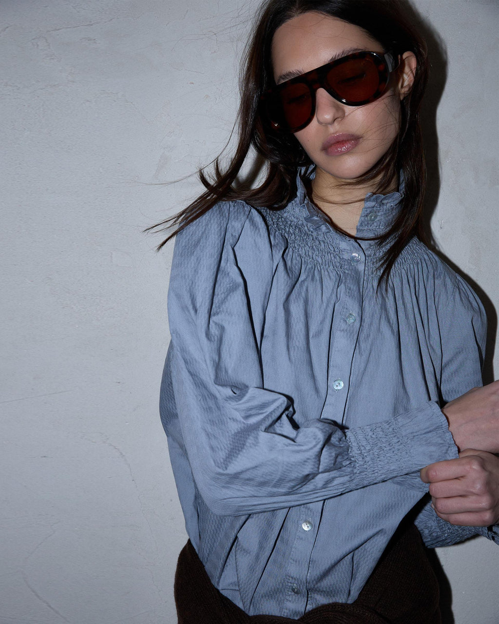 Blusa Nido De Abeja Cuello Azul Claro