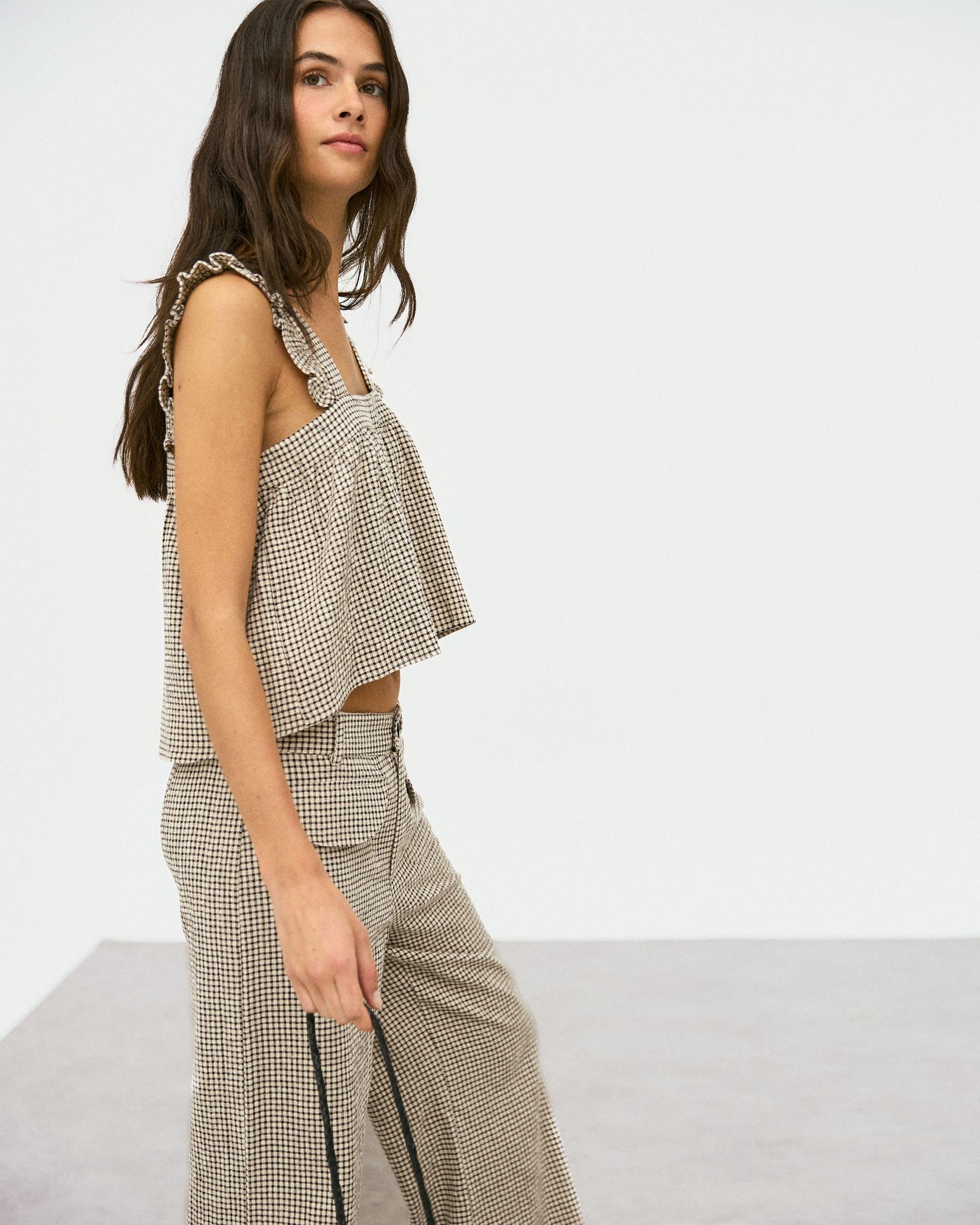 Top Cuadros Seersucker Beige