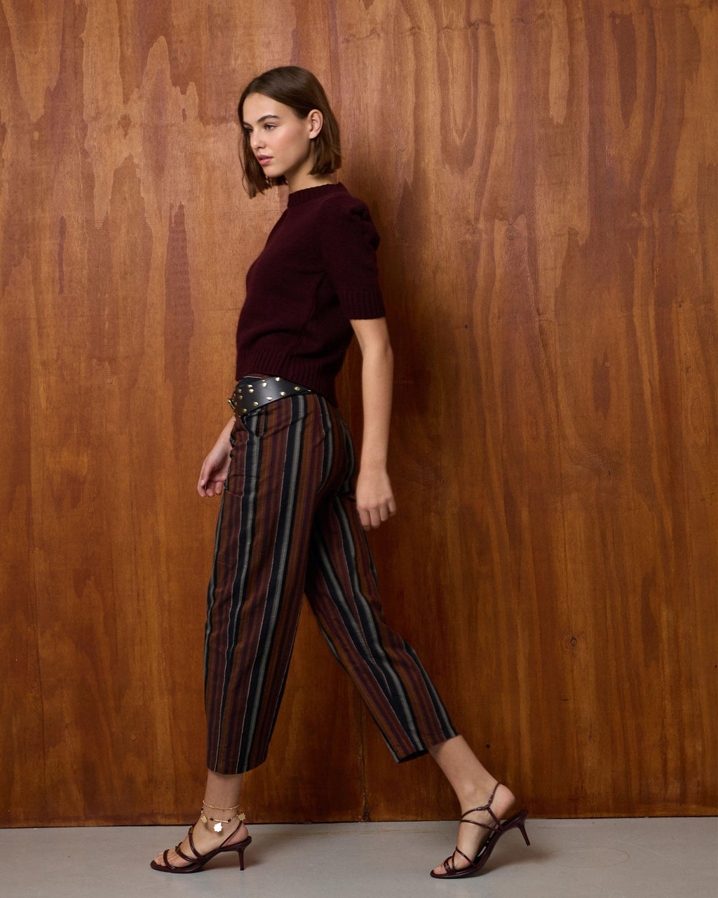Pantalón Rayas Detalle Terciopelo Teja