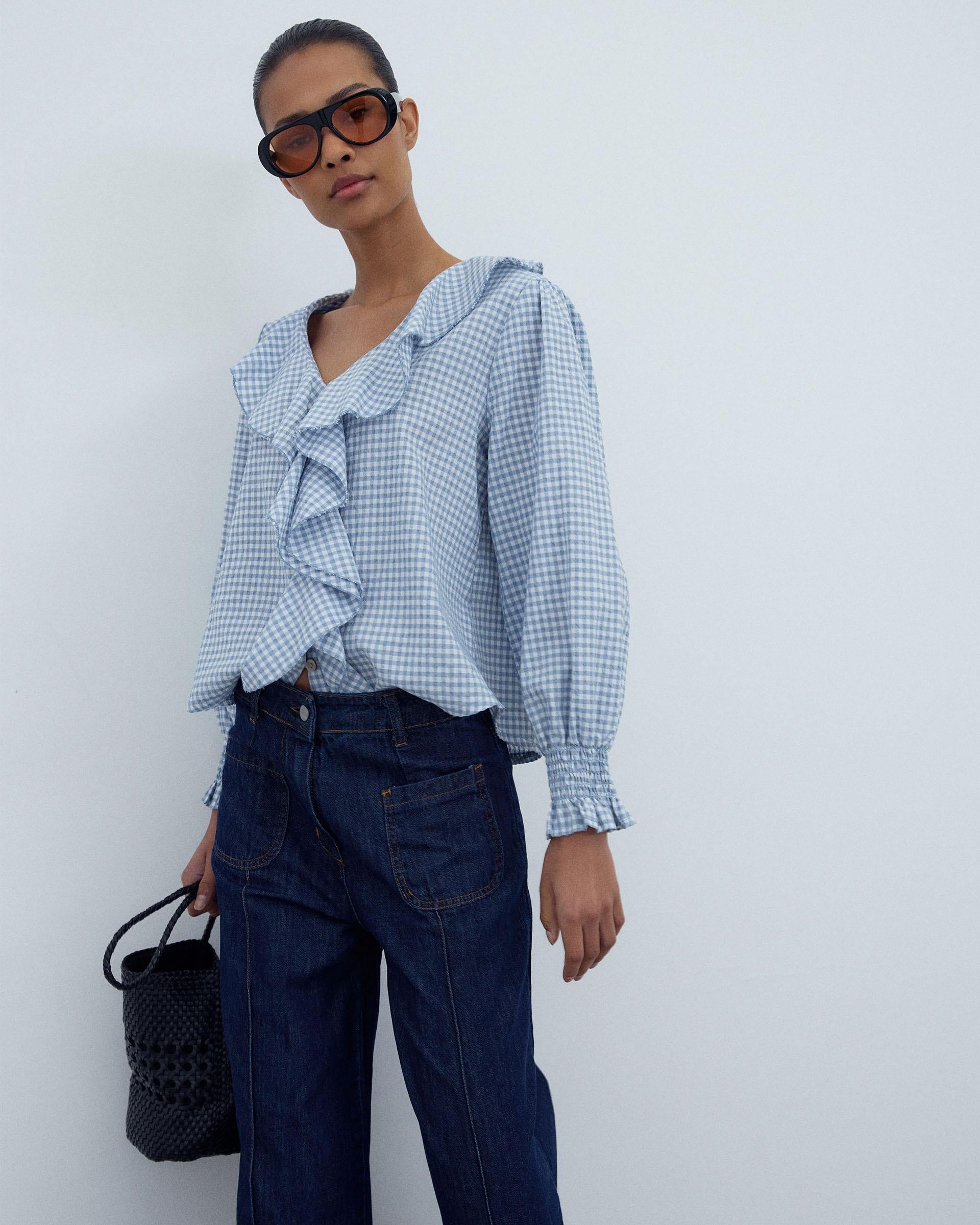 Blusa Volantes Delanteros Vichy Azul