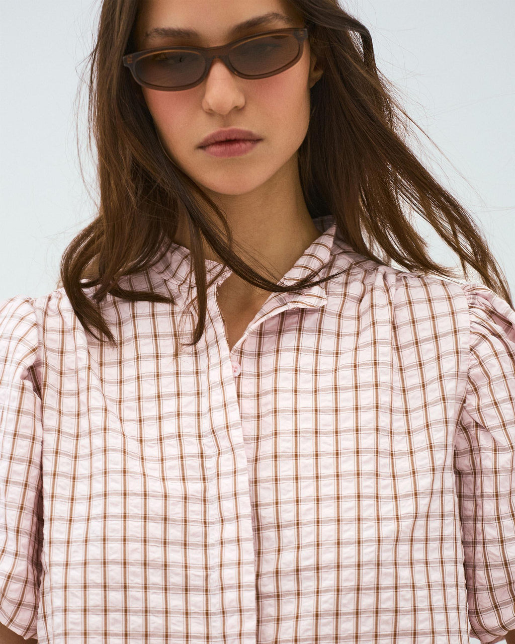 Blusa Manga Abullonada Cuadros Rosa
