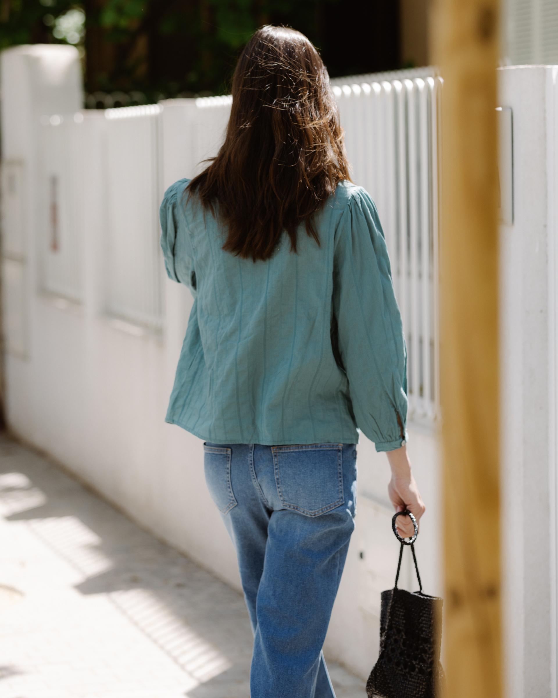 Blusa Tejido Rayas Puntillas Verde Agua