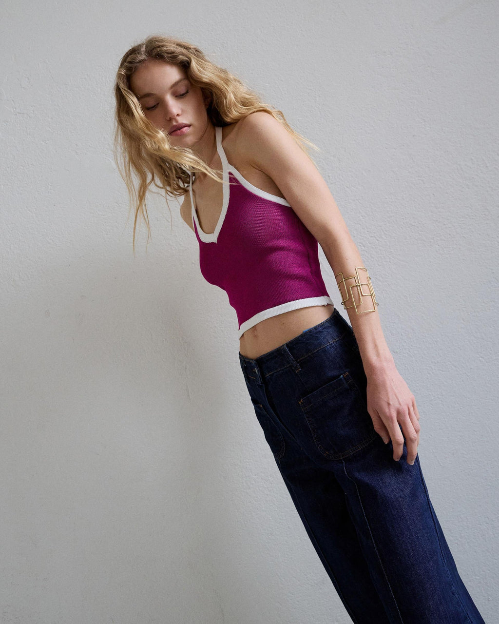 Top Punto Halter Contraste Fucsia