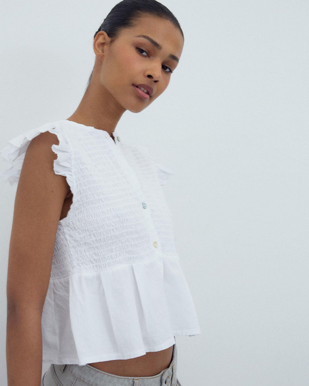 Blusa Nido De Abeja Botones Delantero Blanca