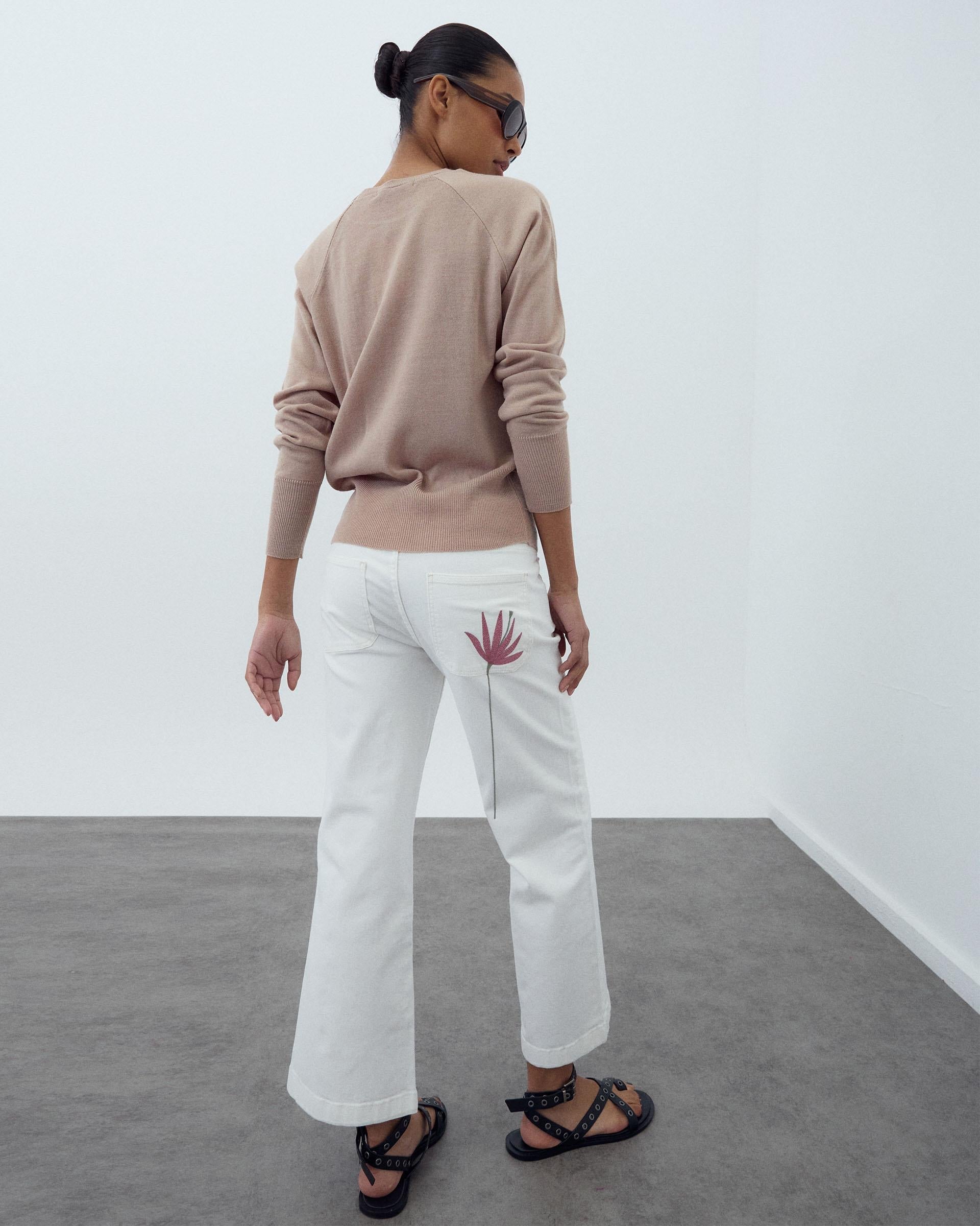 Jeans Bordado Floral Blanco
