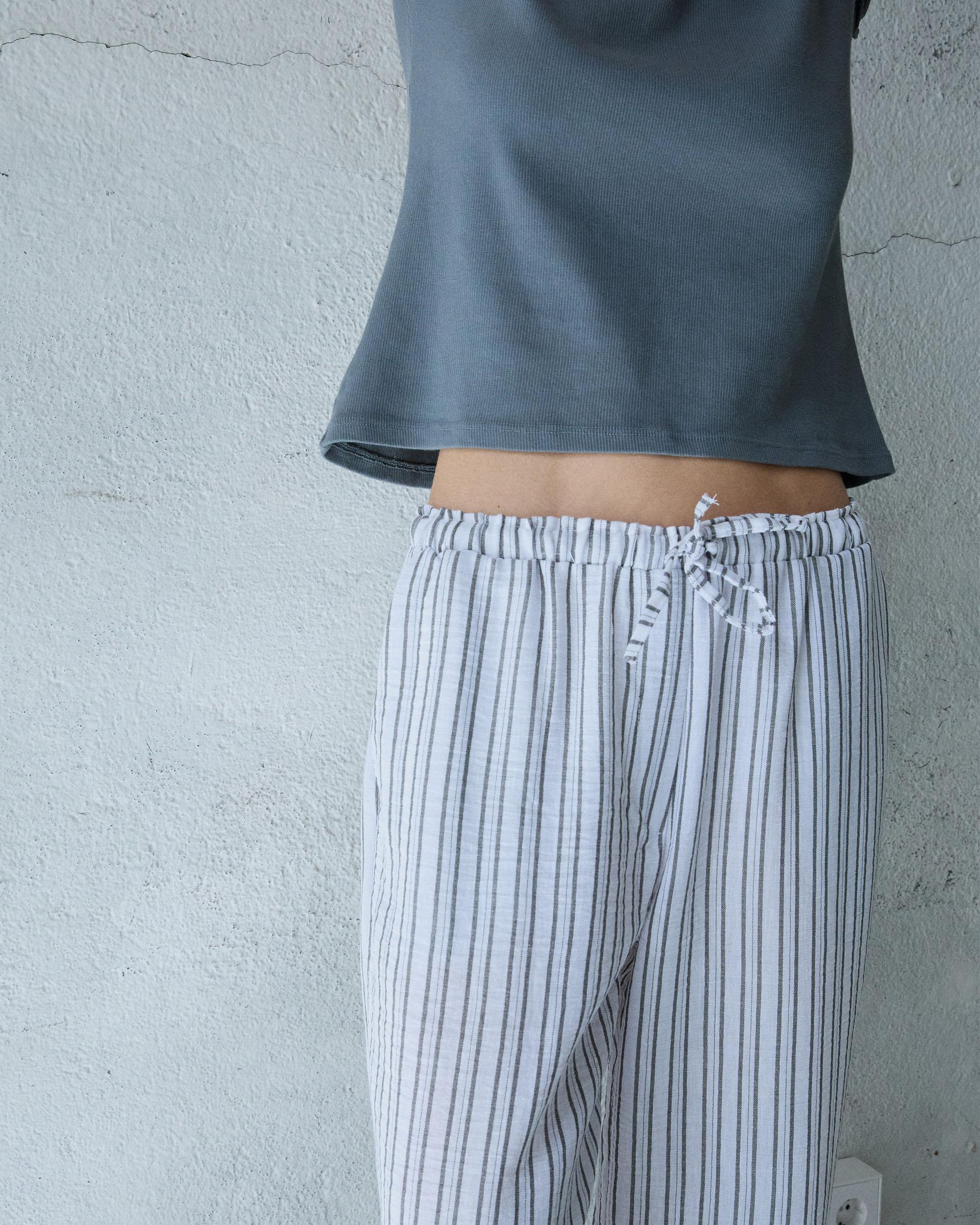 Pantalón Fluido Rayas Cinturilla Lazada Blanco