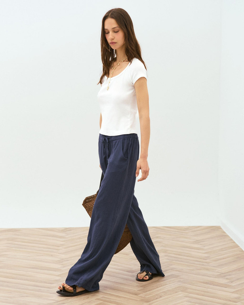 Pantalón Fluido Cordon Con Lino Azul Marino