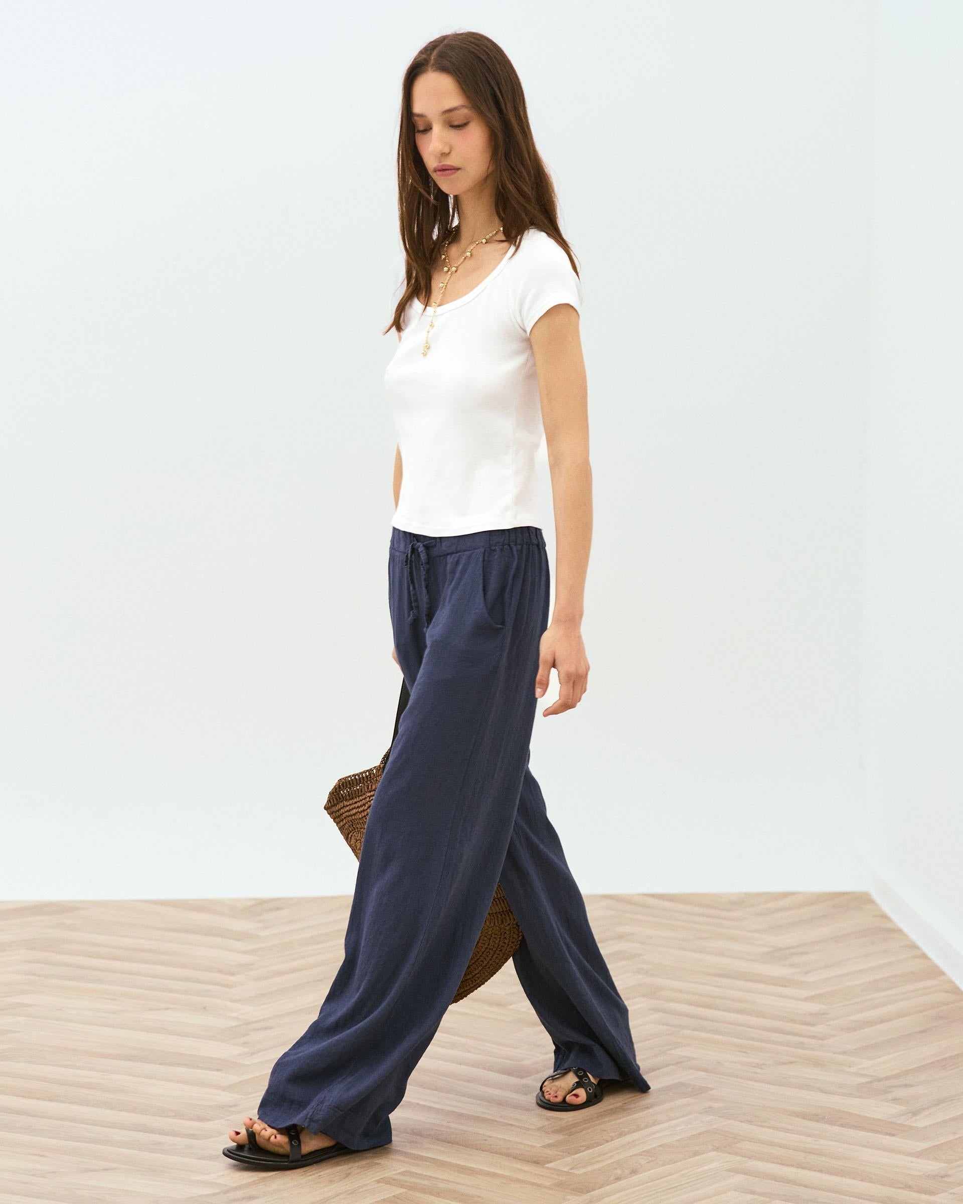 Pantalón Fluido Cordon Con Lino Azul Marino