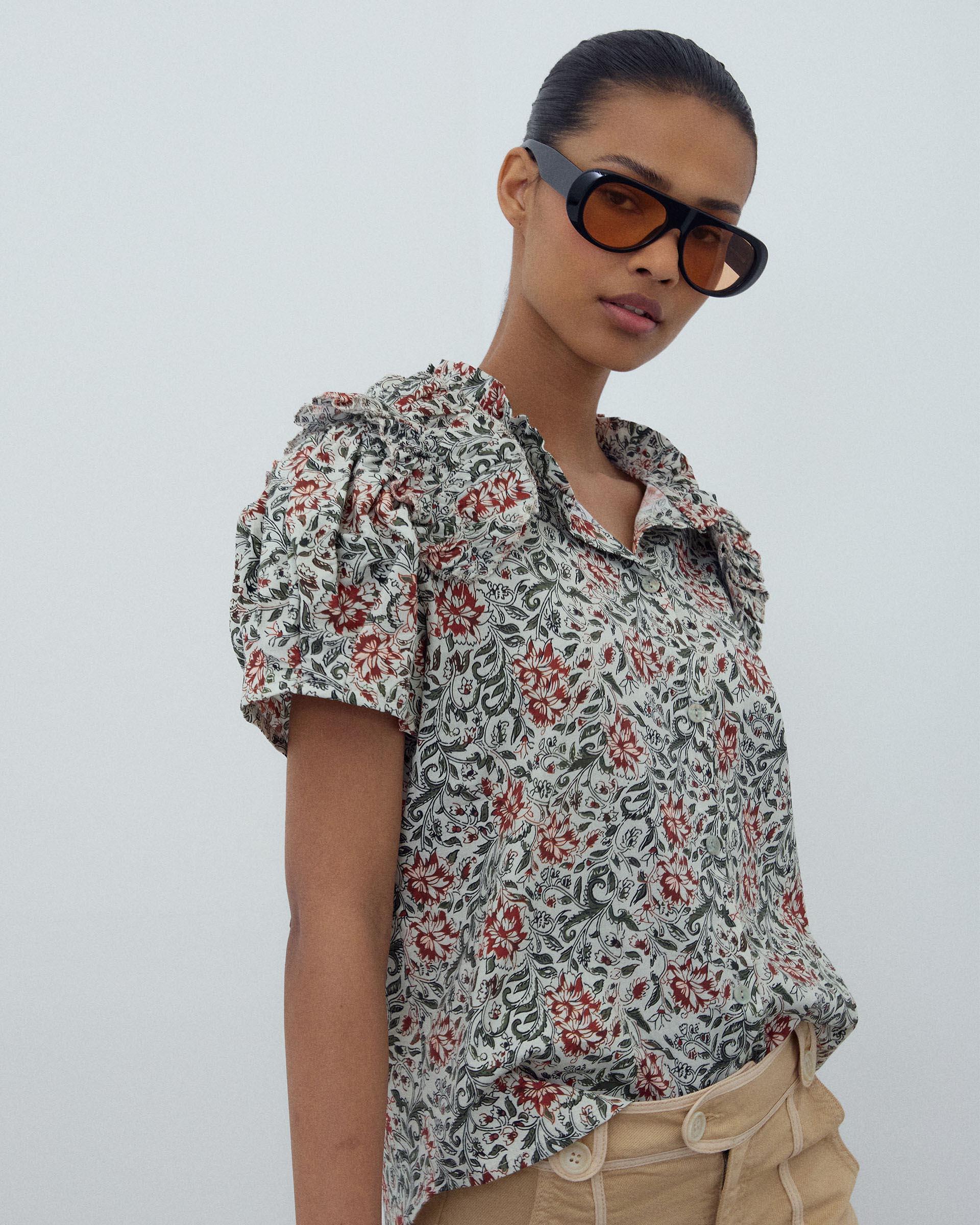 Blusa Manga Abullonada Volante Estampada Multicolor