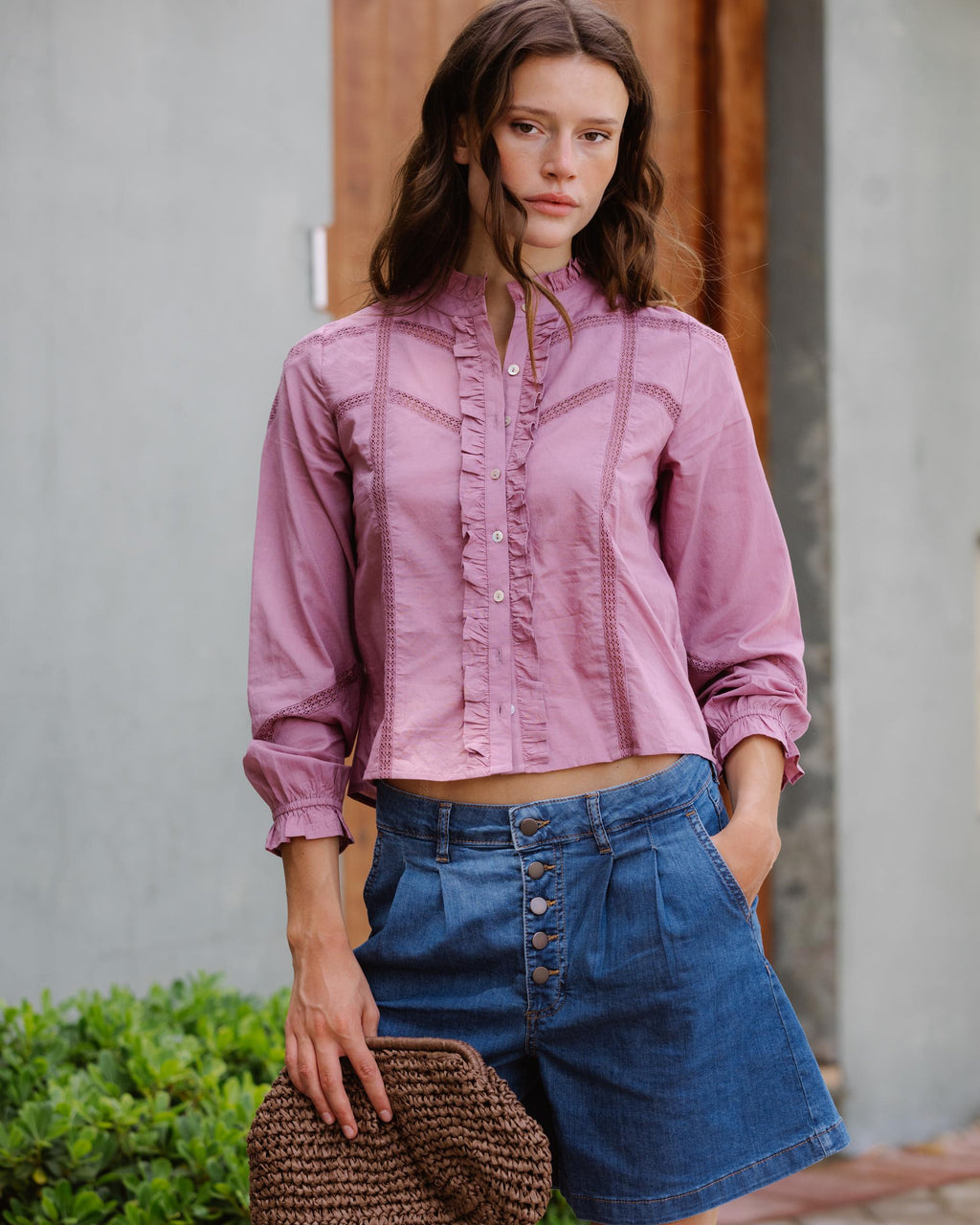 Blusa Puntillas Volante Delantero Rosa