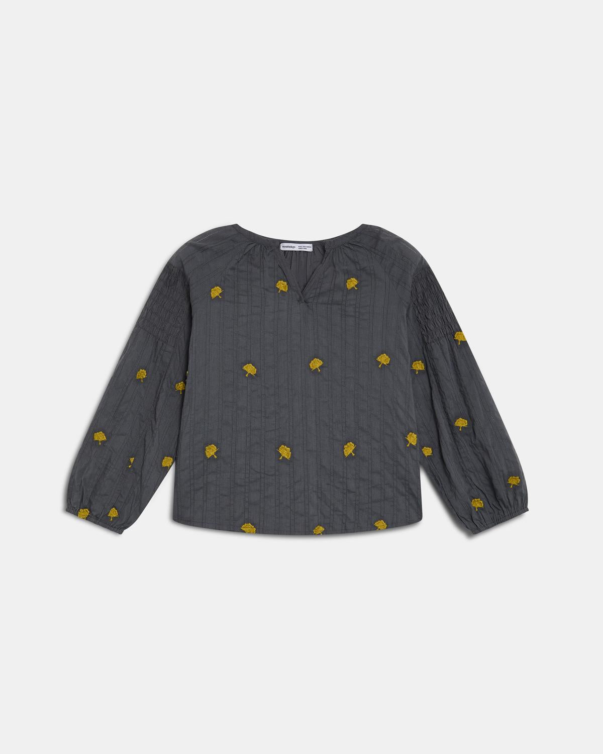 Blusa Tejido Rayas Bordados Hojas Antracita