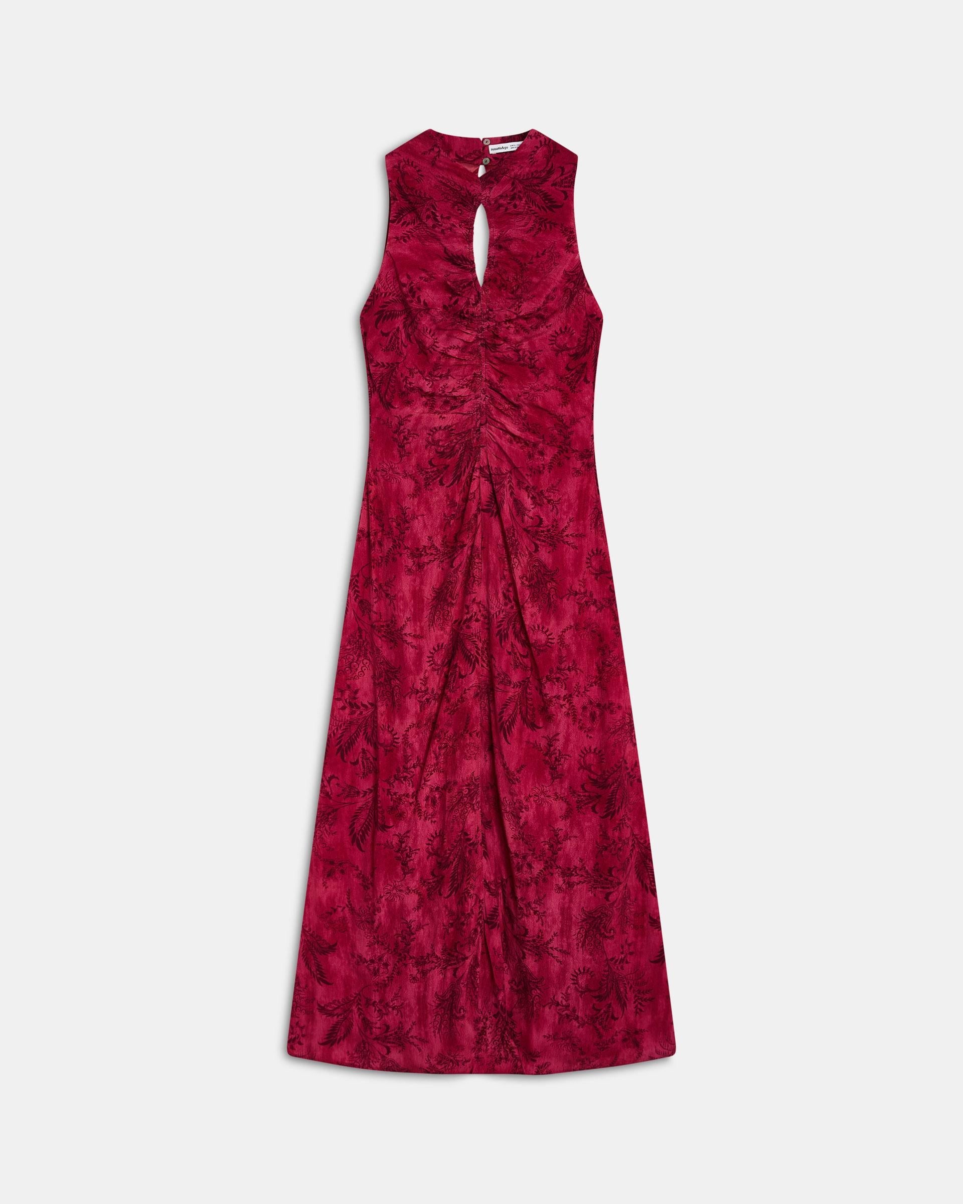 Vestido Fruncido Delantero Estampado Fucsia