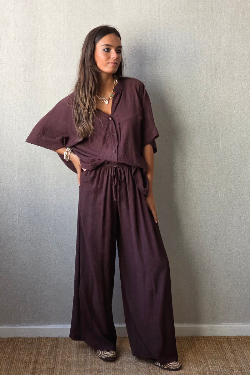 Pantalón fluido tipo bambula chocolate