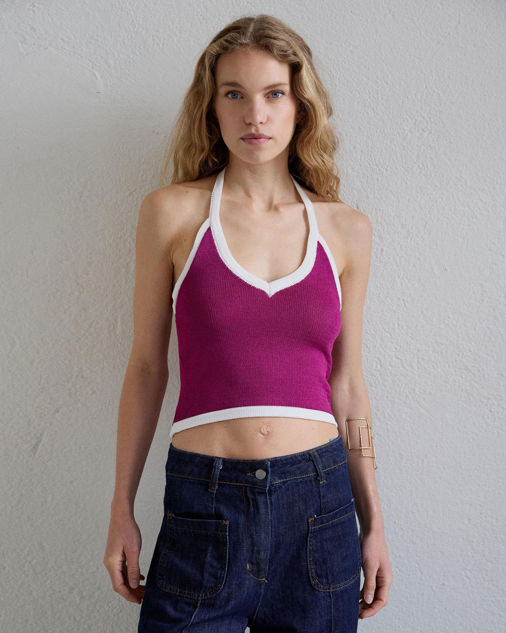 Top Punto Halter Contraste Fucsia