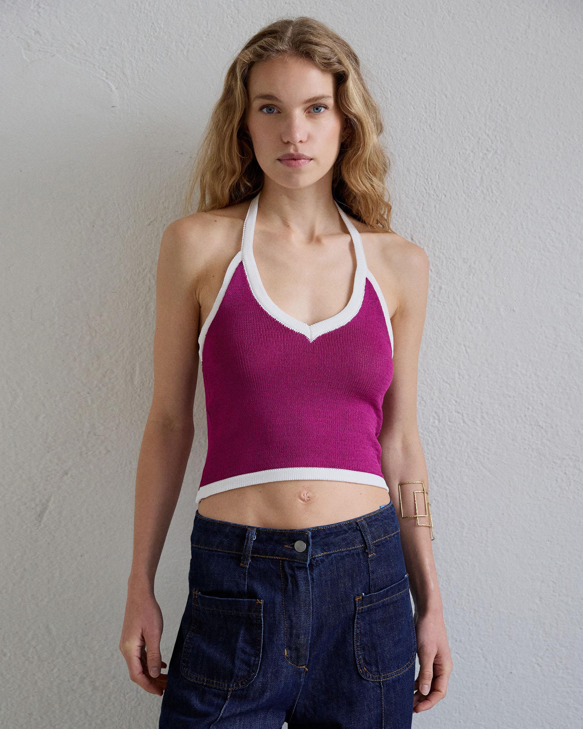 Top Punto Halter Contraste Fucsia