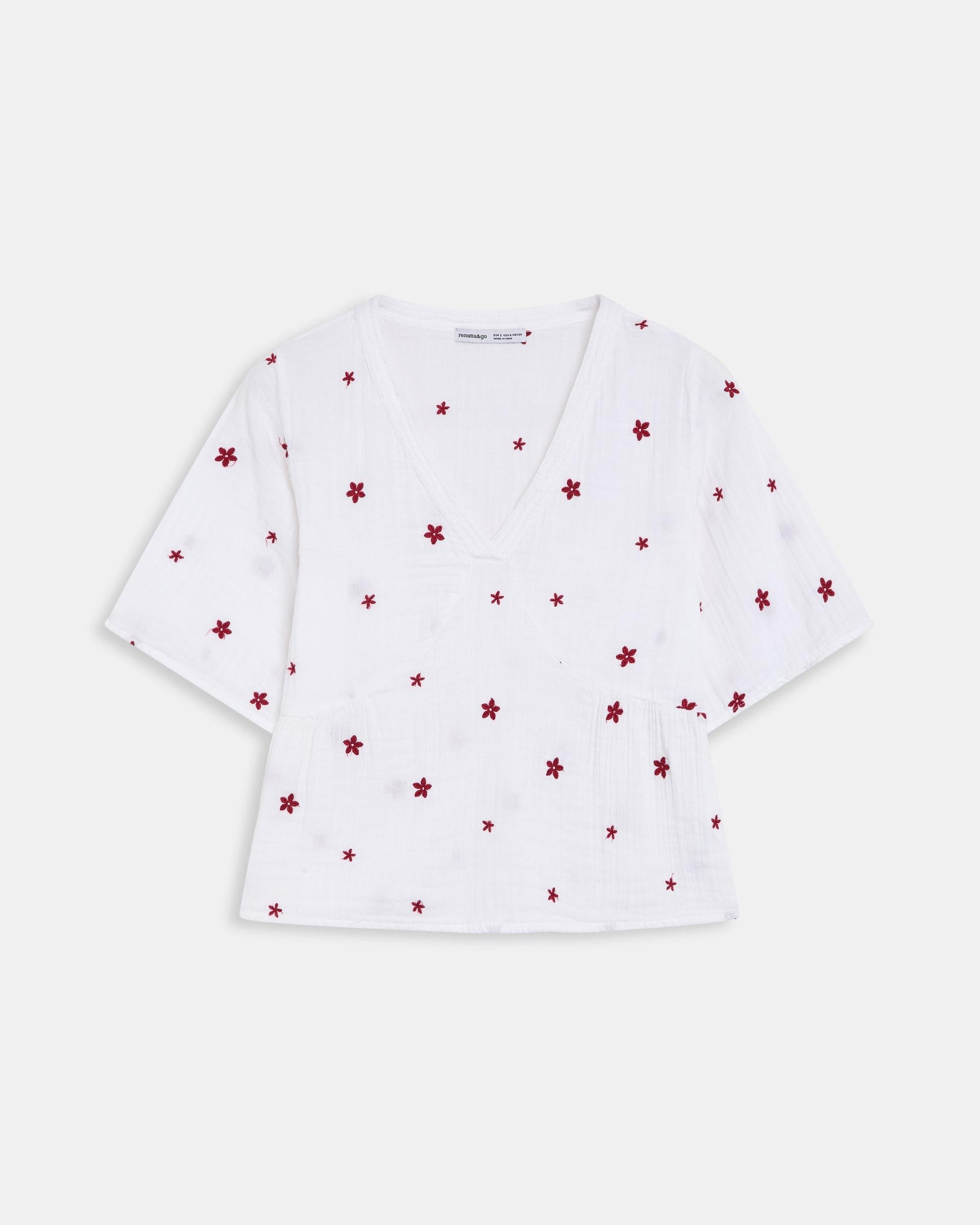 Blusa Escote Pico Bordados Florales Blanca