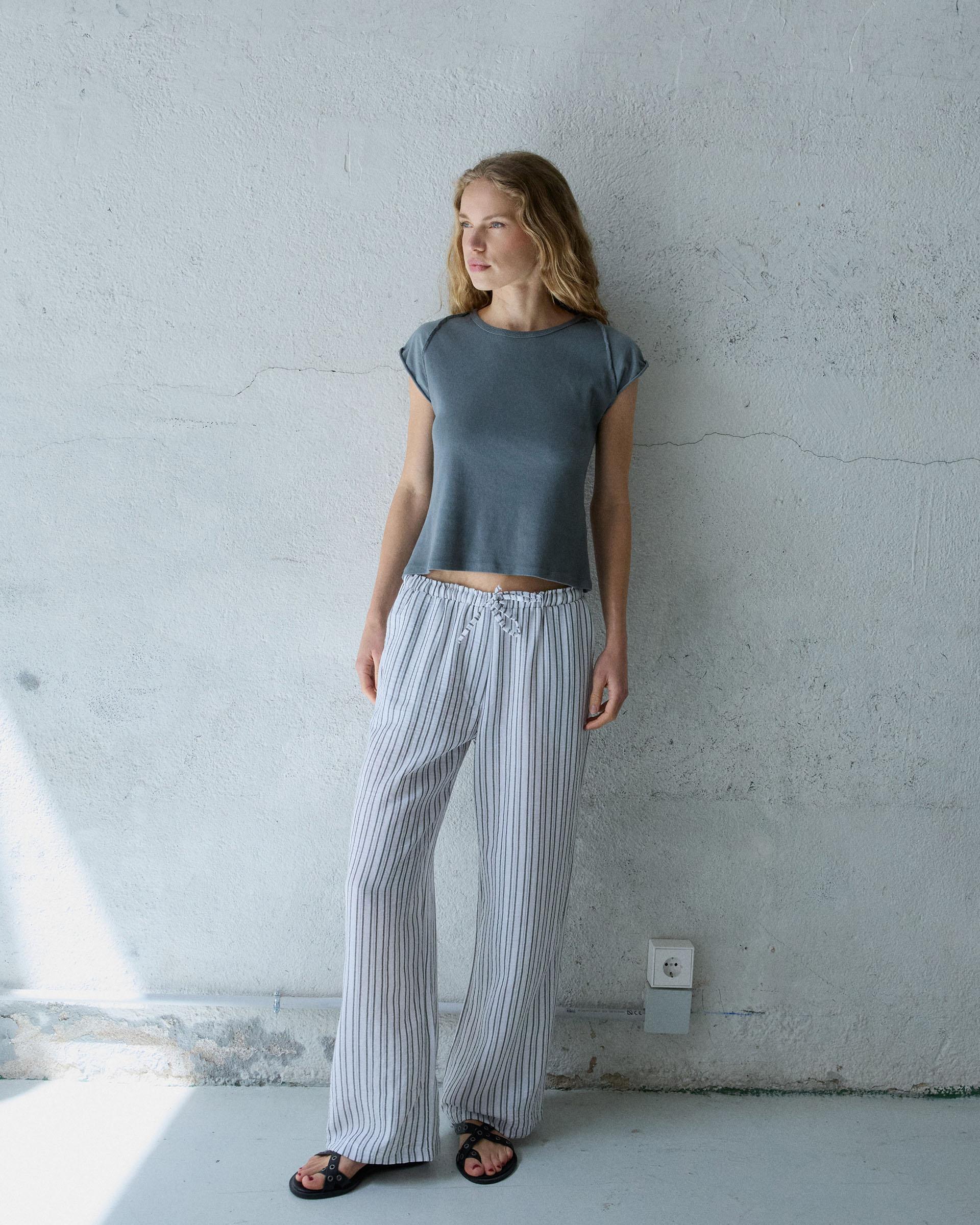Pantalón Fluido Rayas Cinturilla Lazada Blanco