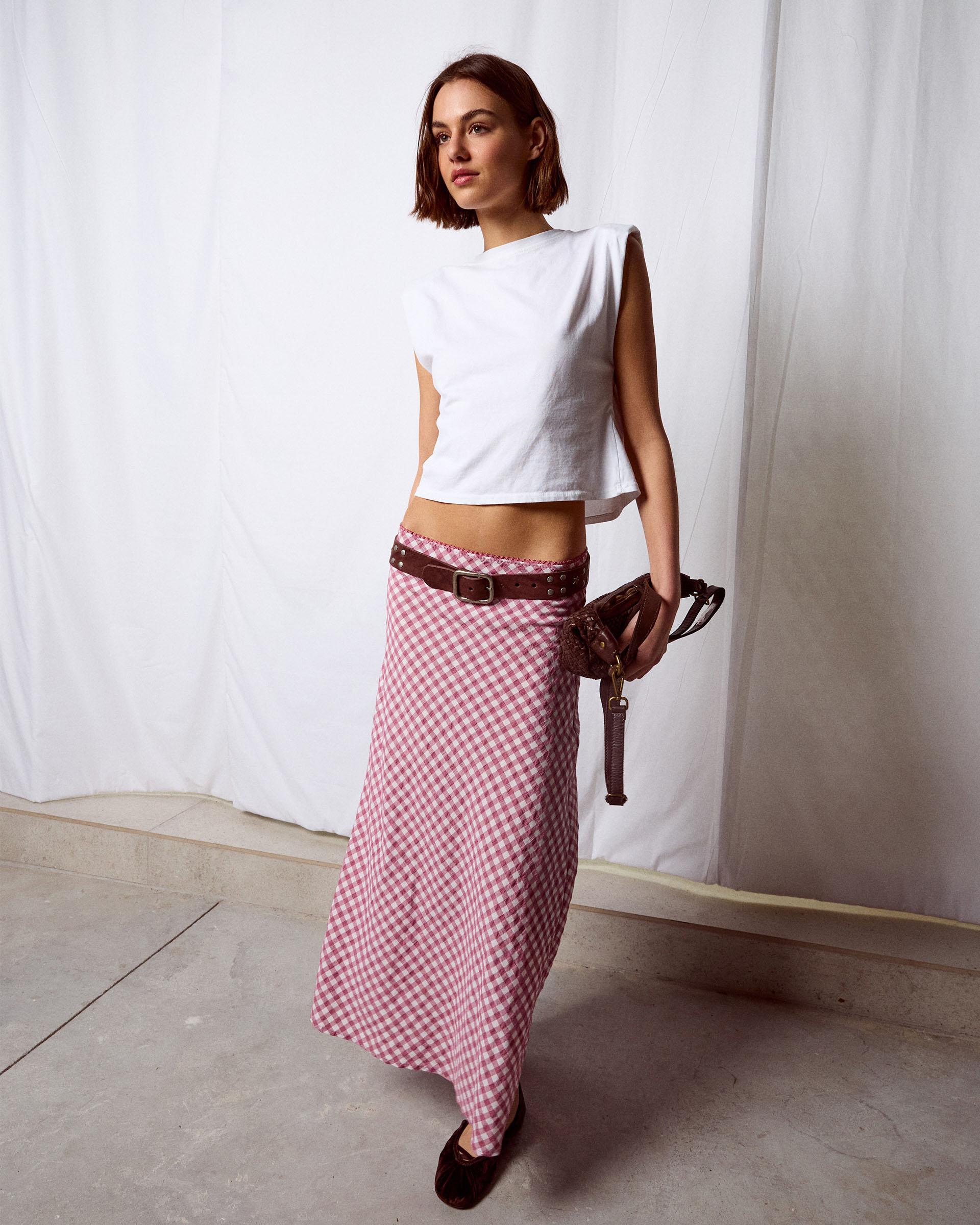 Falda Fluida Cuadros Rosa