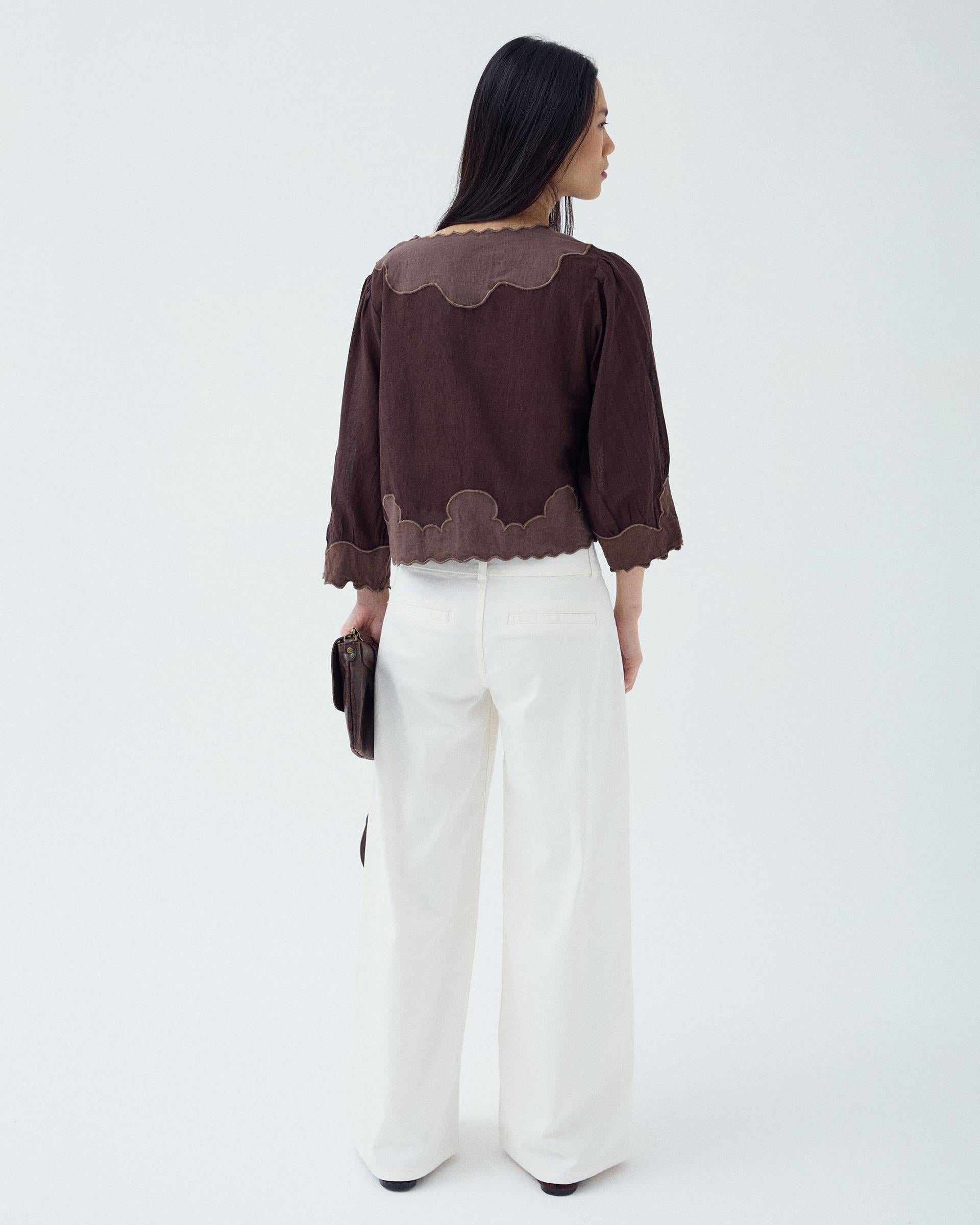 Blusa Manga Francesa Contraste Marrón