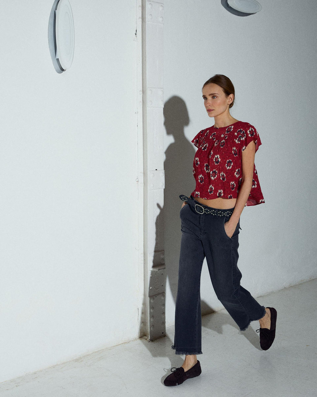 Blusa Manga Corta Pliegues Estampado Floral Coral