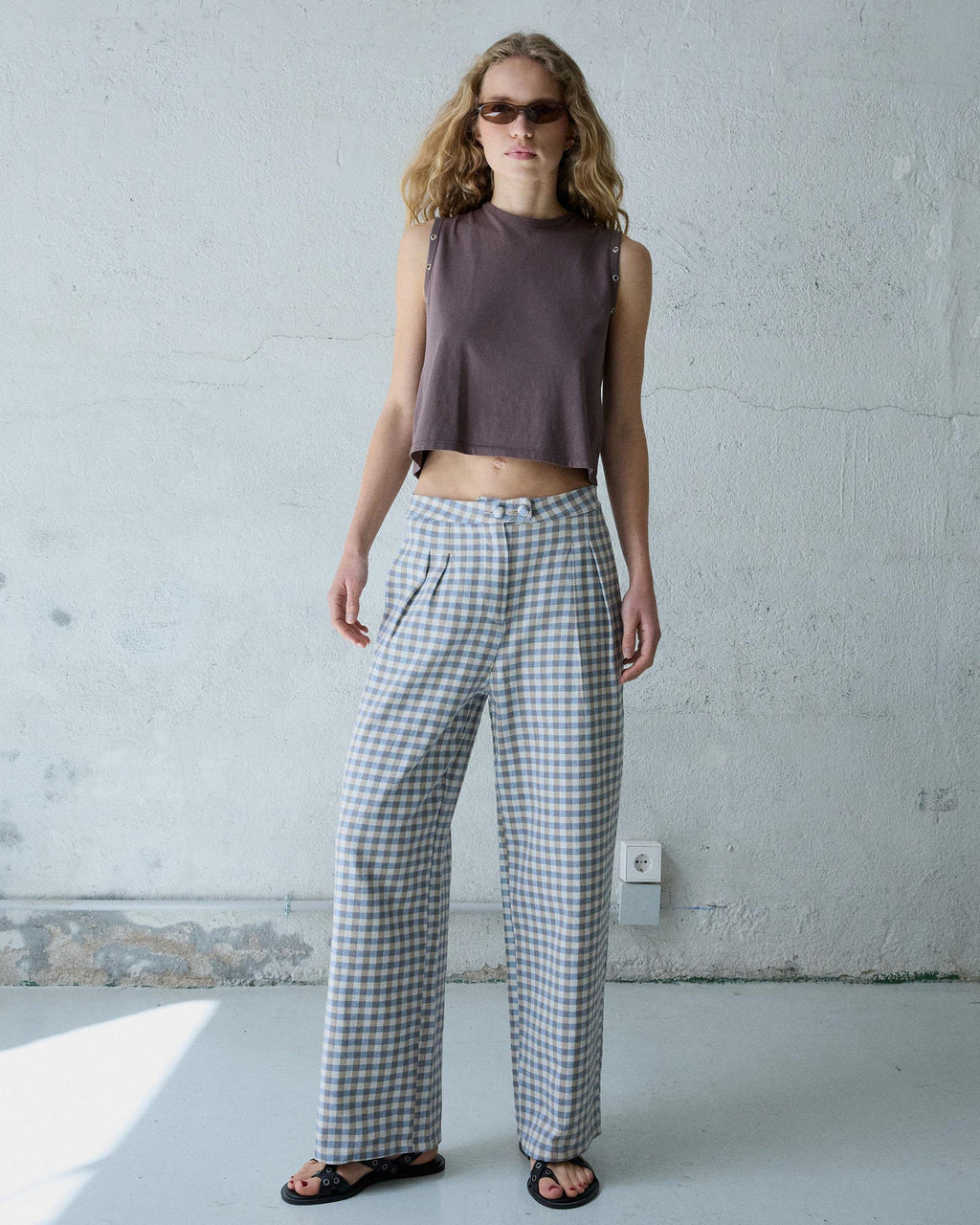 Pantalón Wide Leg Pinzas Cuadros Vichy Azul