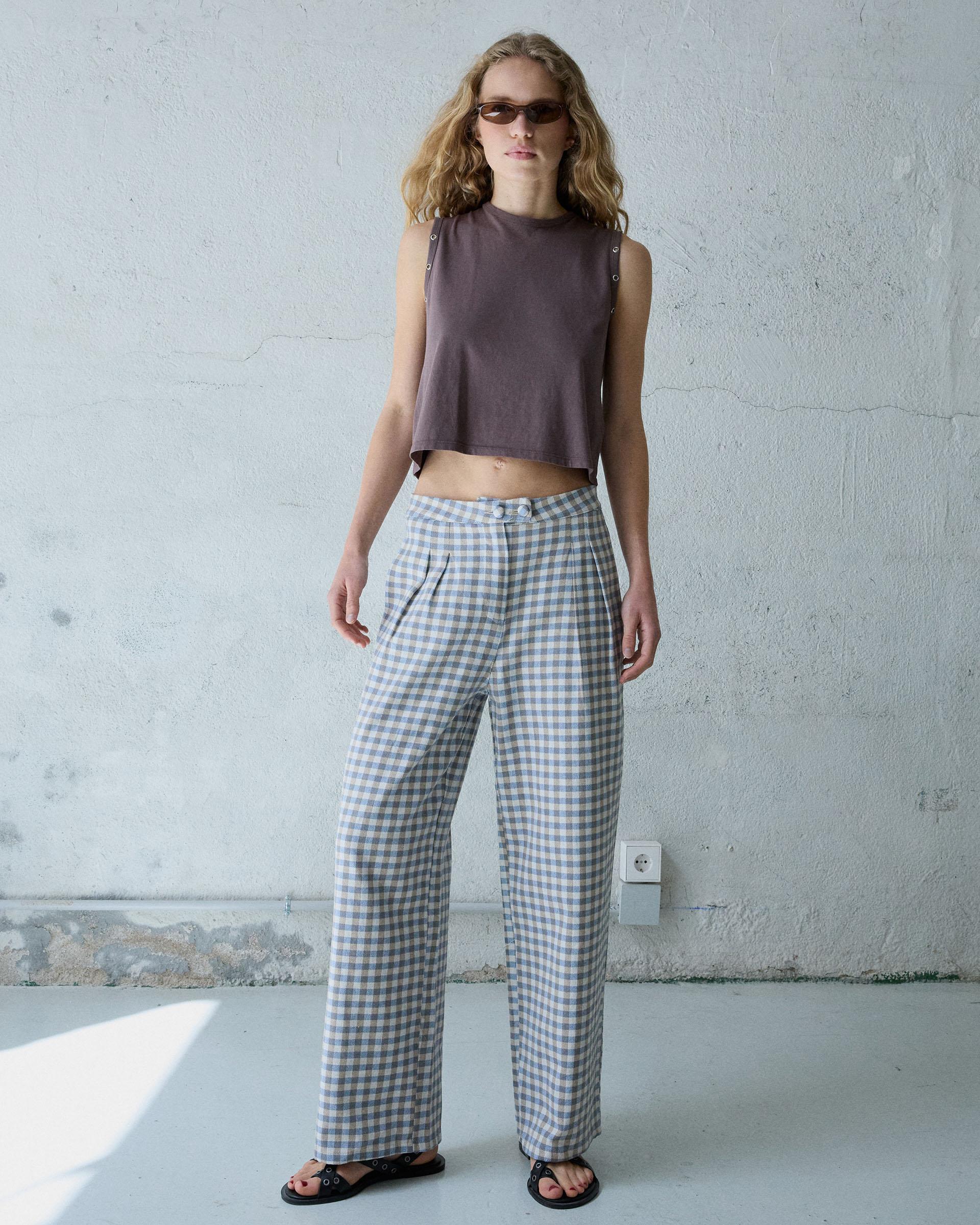 Pantalón Wide Leg Pinzas Cuadros Vichy Azul