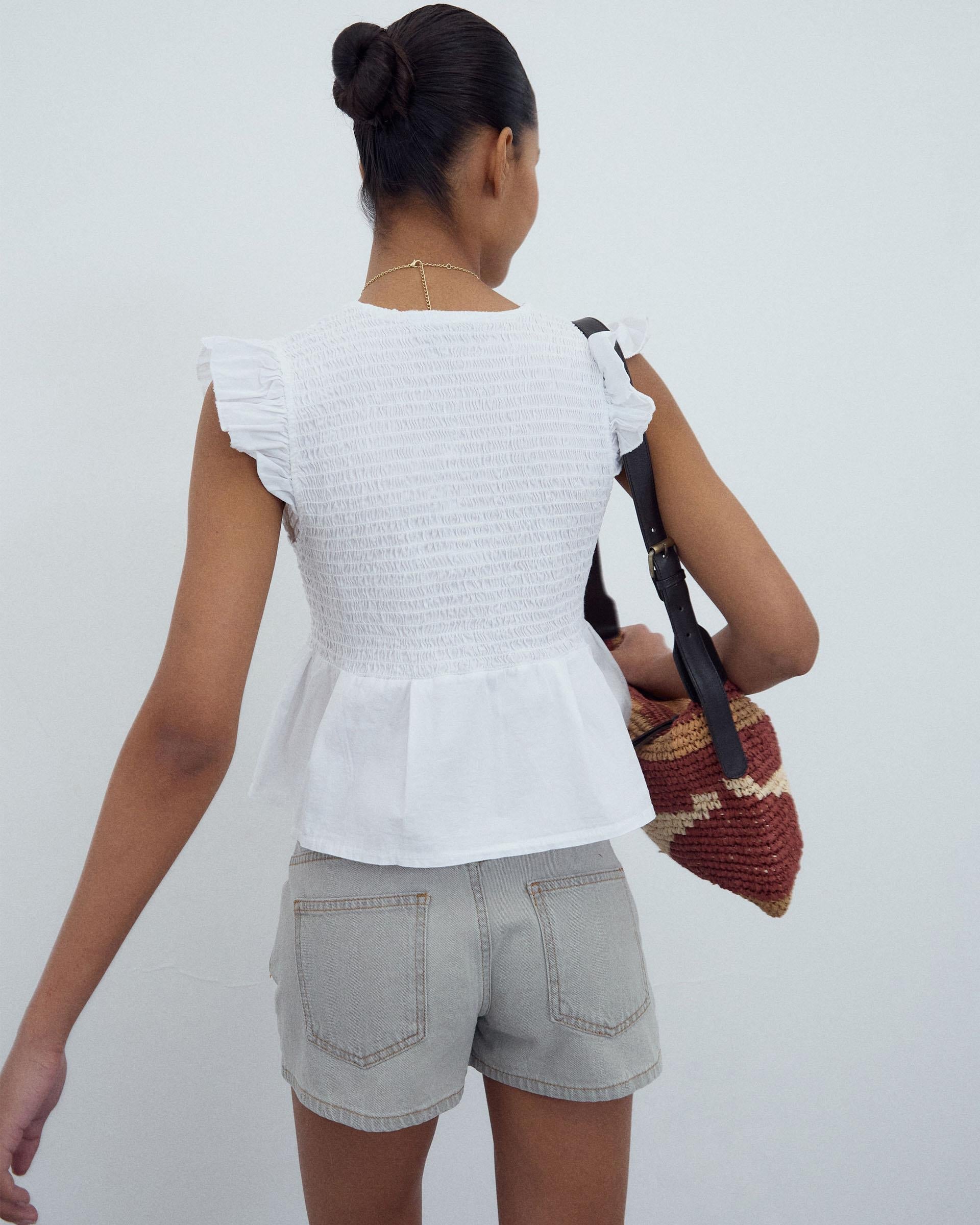 Blusa Nido De Abeja Botones Delantero Blanca