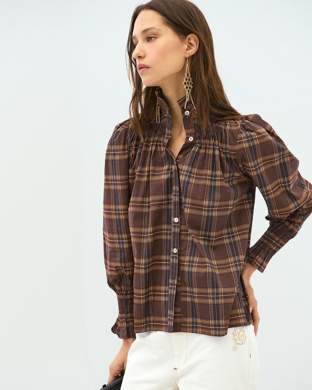Blusa Nido De Abeja Cuello Cuadros Marrón