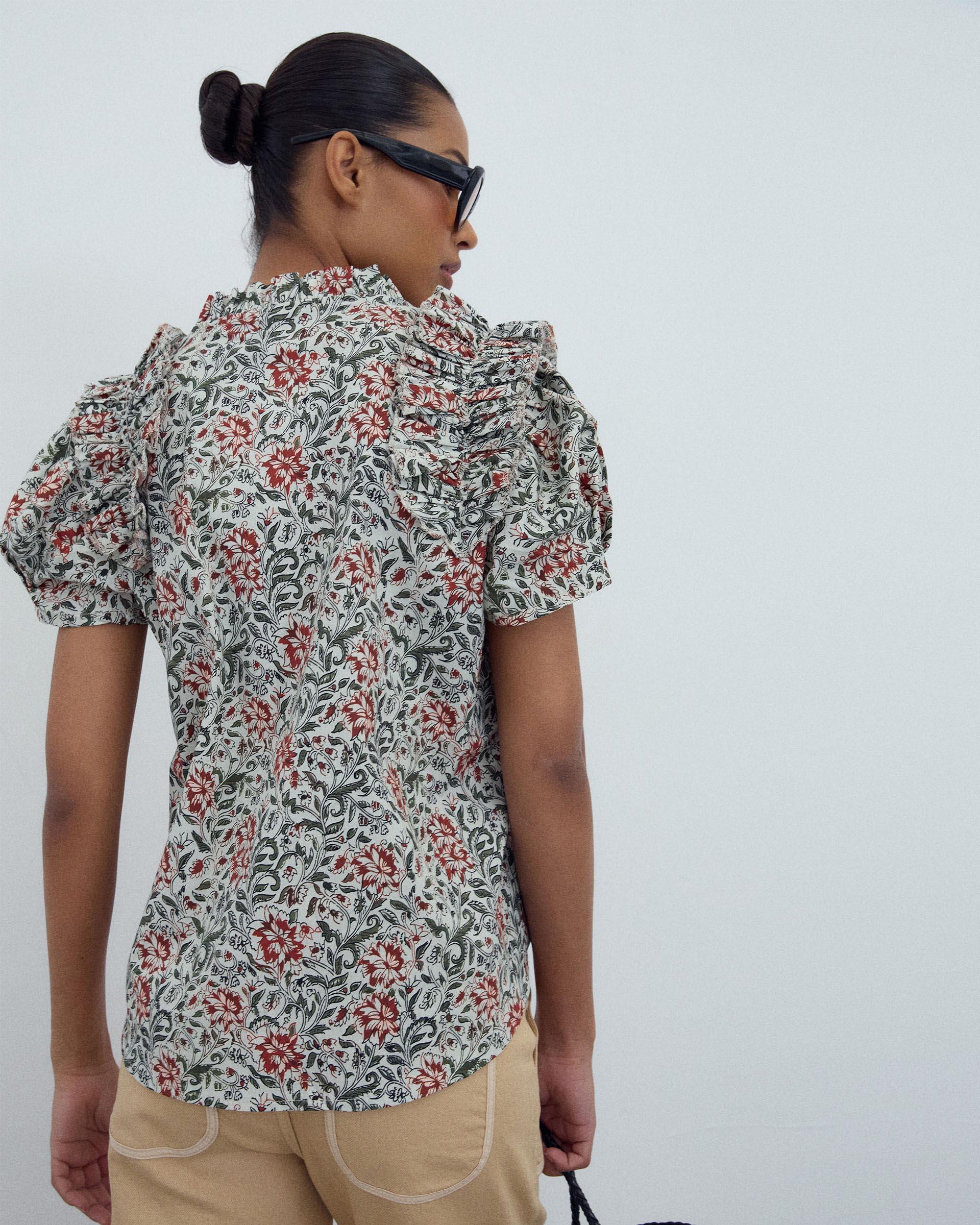 Blusa Manga Abullonada Volante Estampada Multicolor