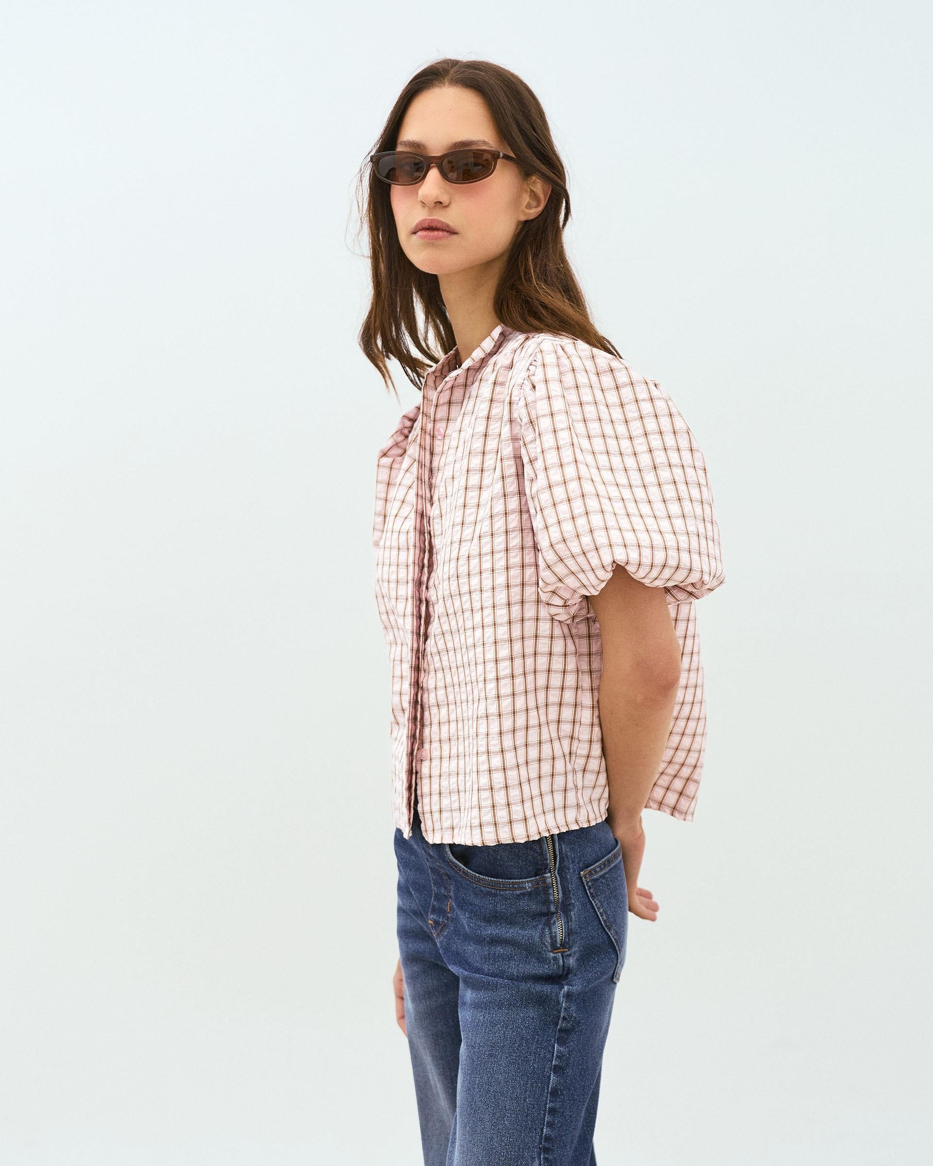 Blusa Manga Abullonada Cuadros Rosa