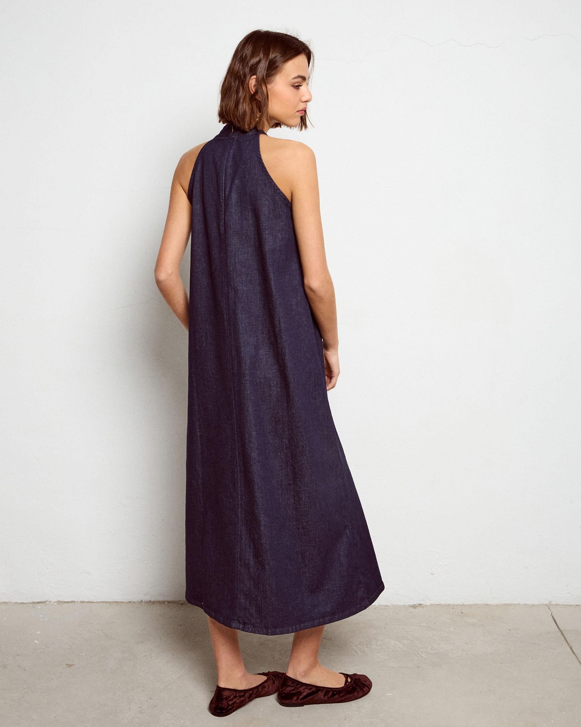 Vestido Halter Denim Azul Oscuro