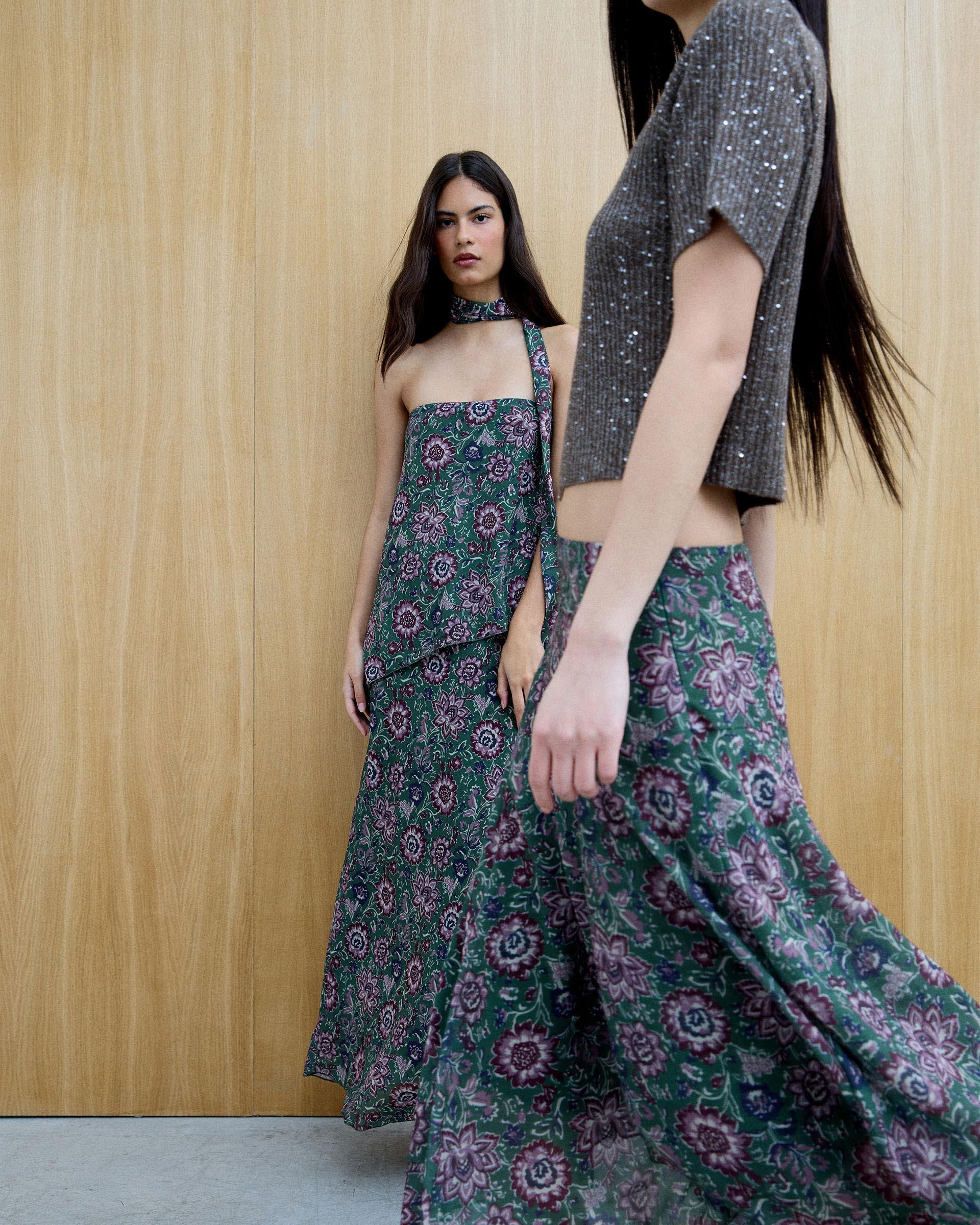 Vestido Corte Diagonal Estampado Verde