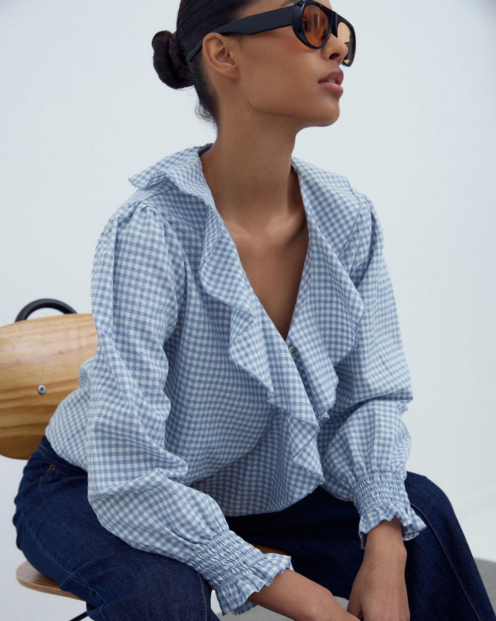 Blusa Volantes Delanteros Vichy Azul