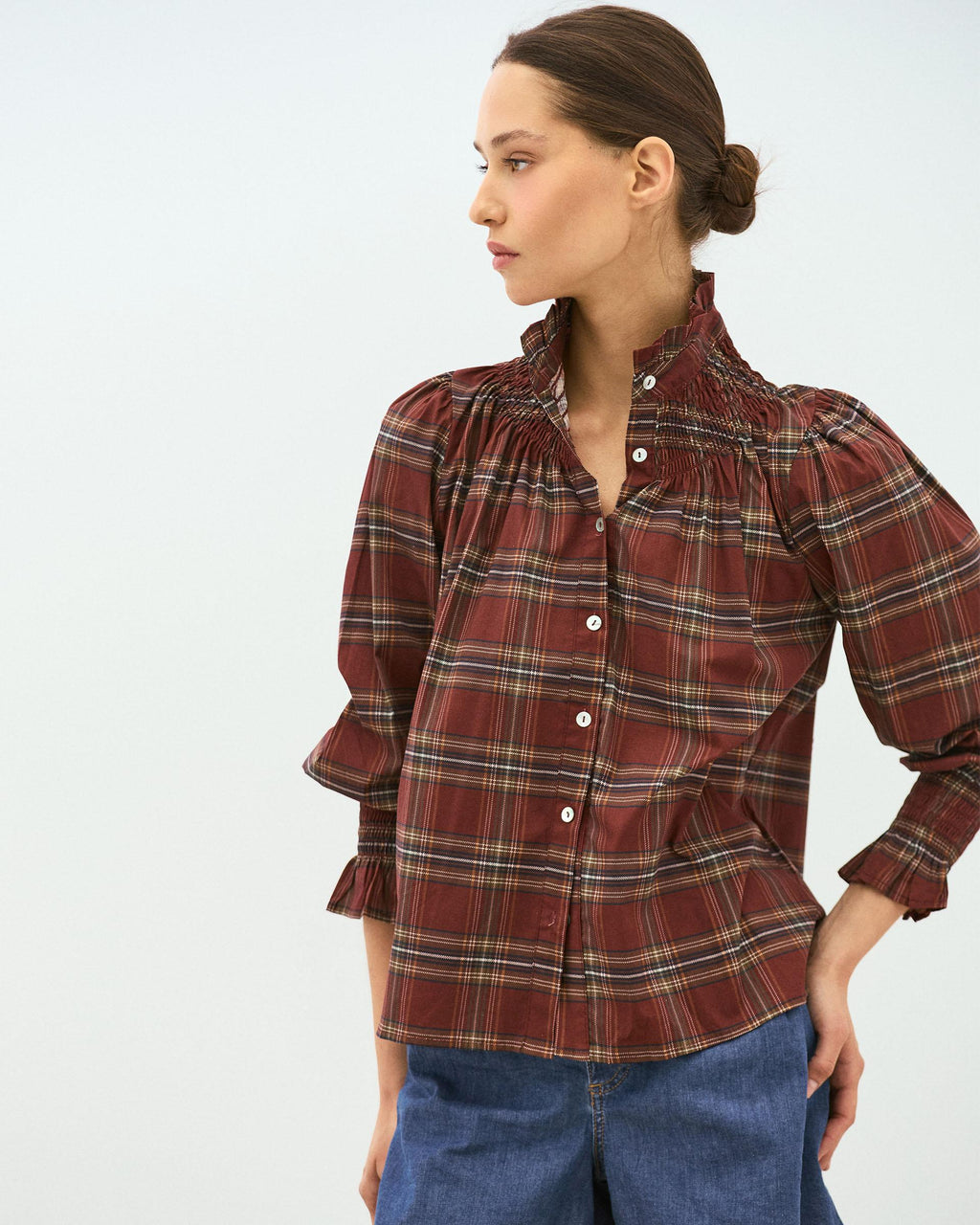 Blusa Nido De Abeja Cuello Cuadros Granate