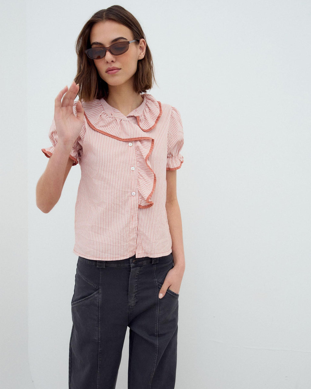 Camisa Volante Lateral Ribete Naranja