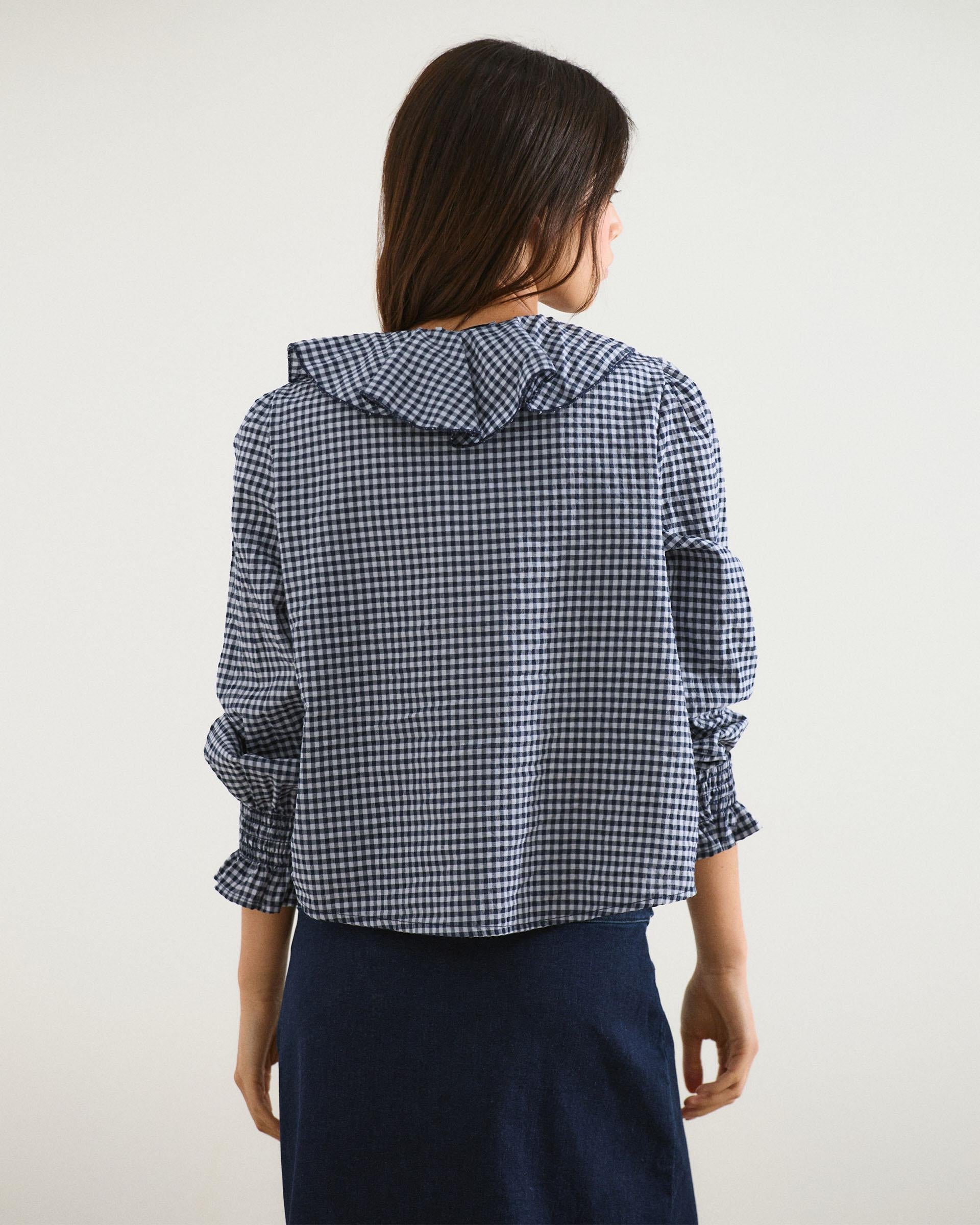 Blusa Volantes Delanteros Vichy Azul Oscuro