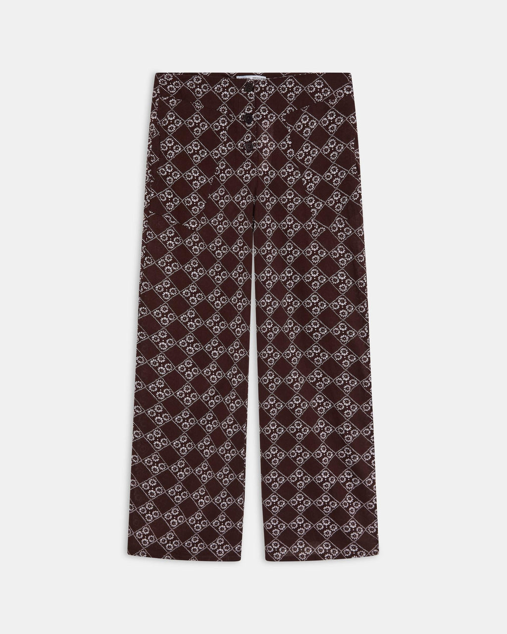 Pantalón Fluido Triple Botón Estampado Floral Marrón