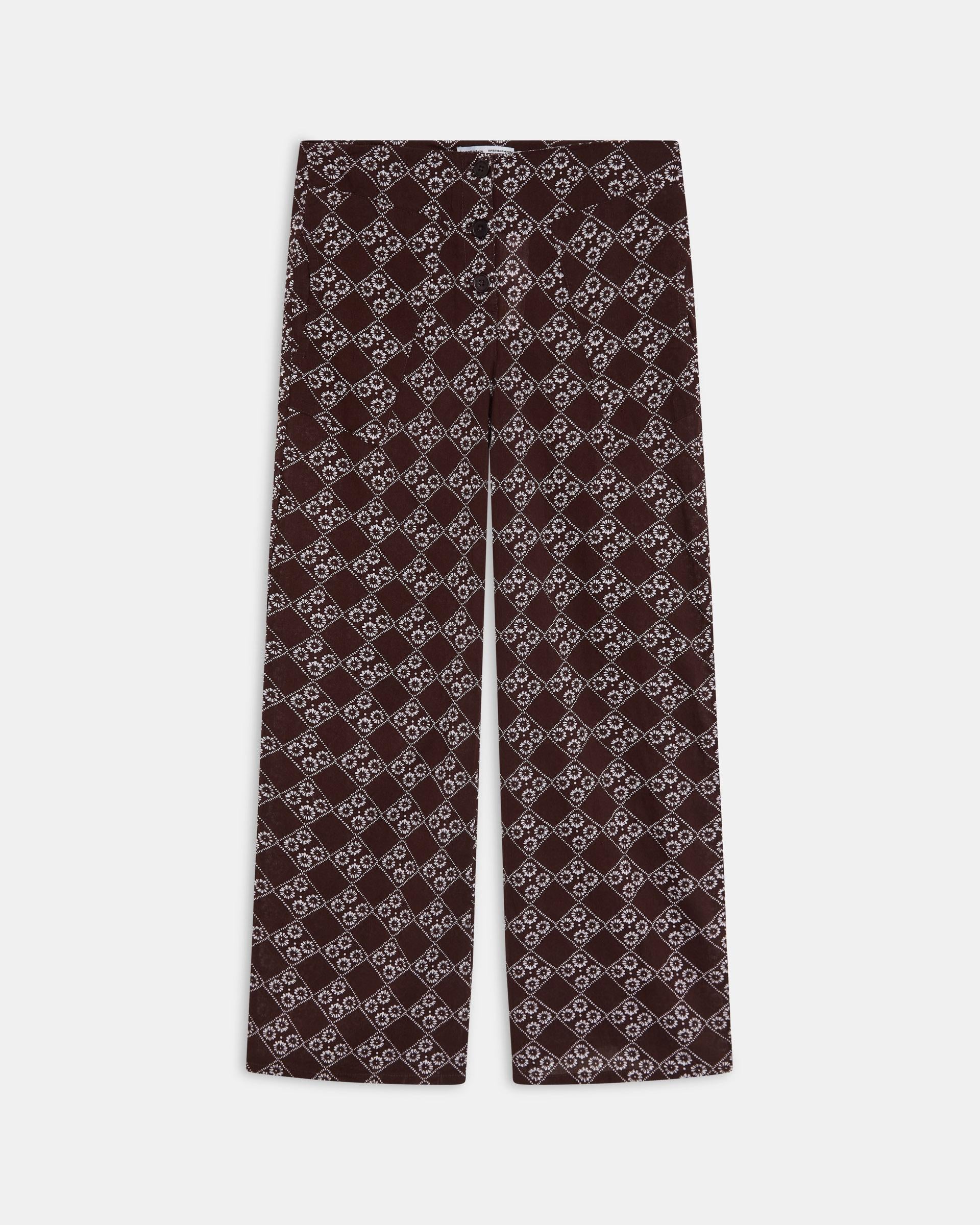 Pantalón Fluido Triple Botón Estampado Floral Marrón