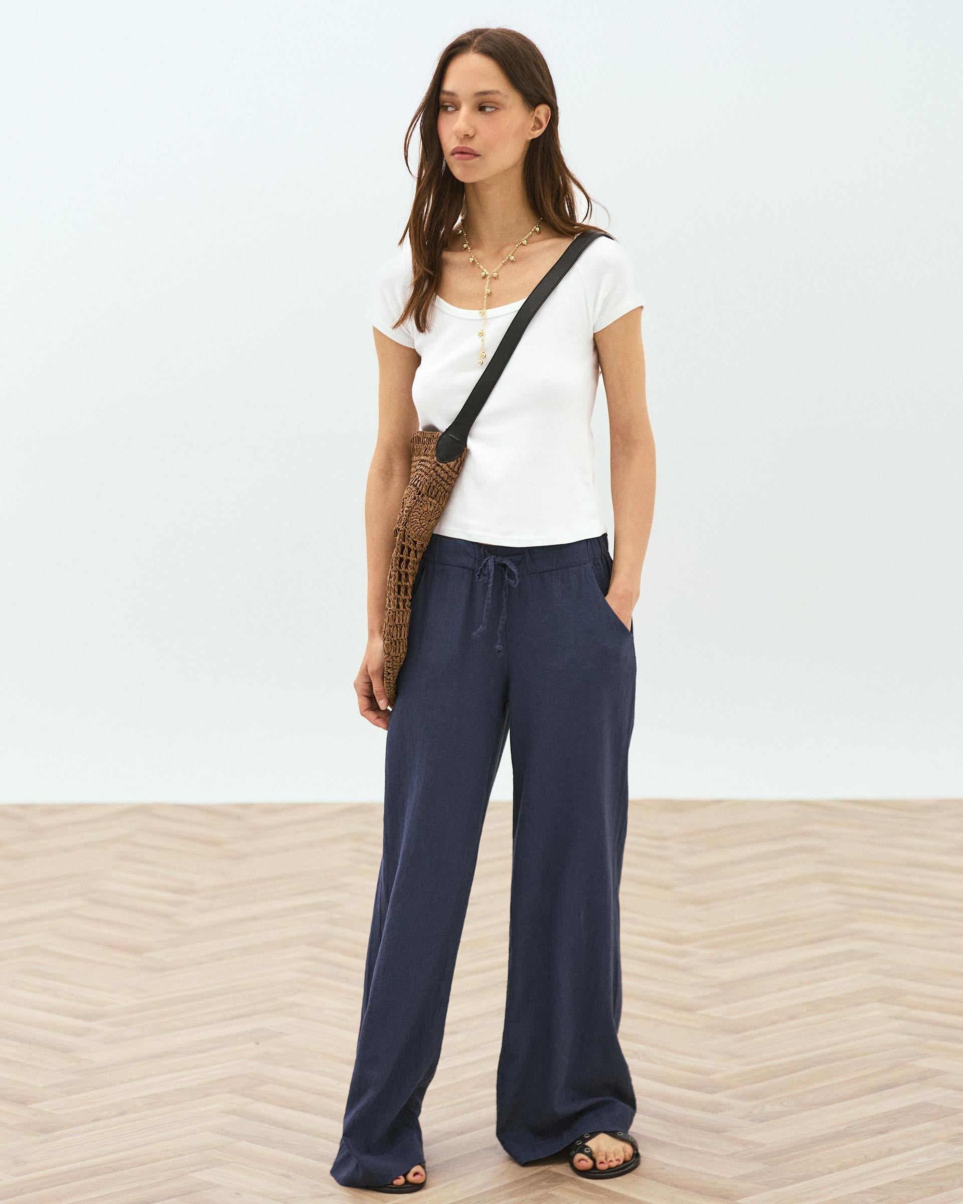 Pantalón Fluido Cordon Con Lino Azul Marino