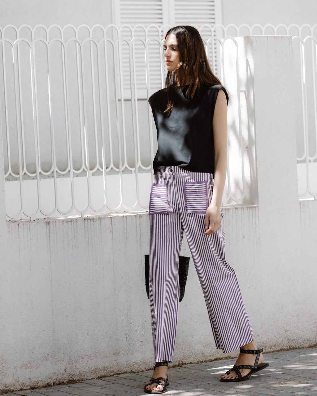 Jeans Rayas Bolsillos Contraste Morado