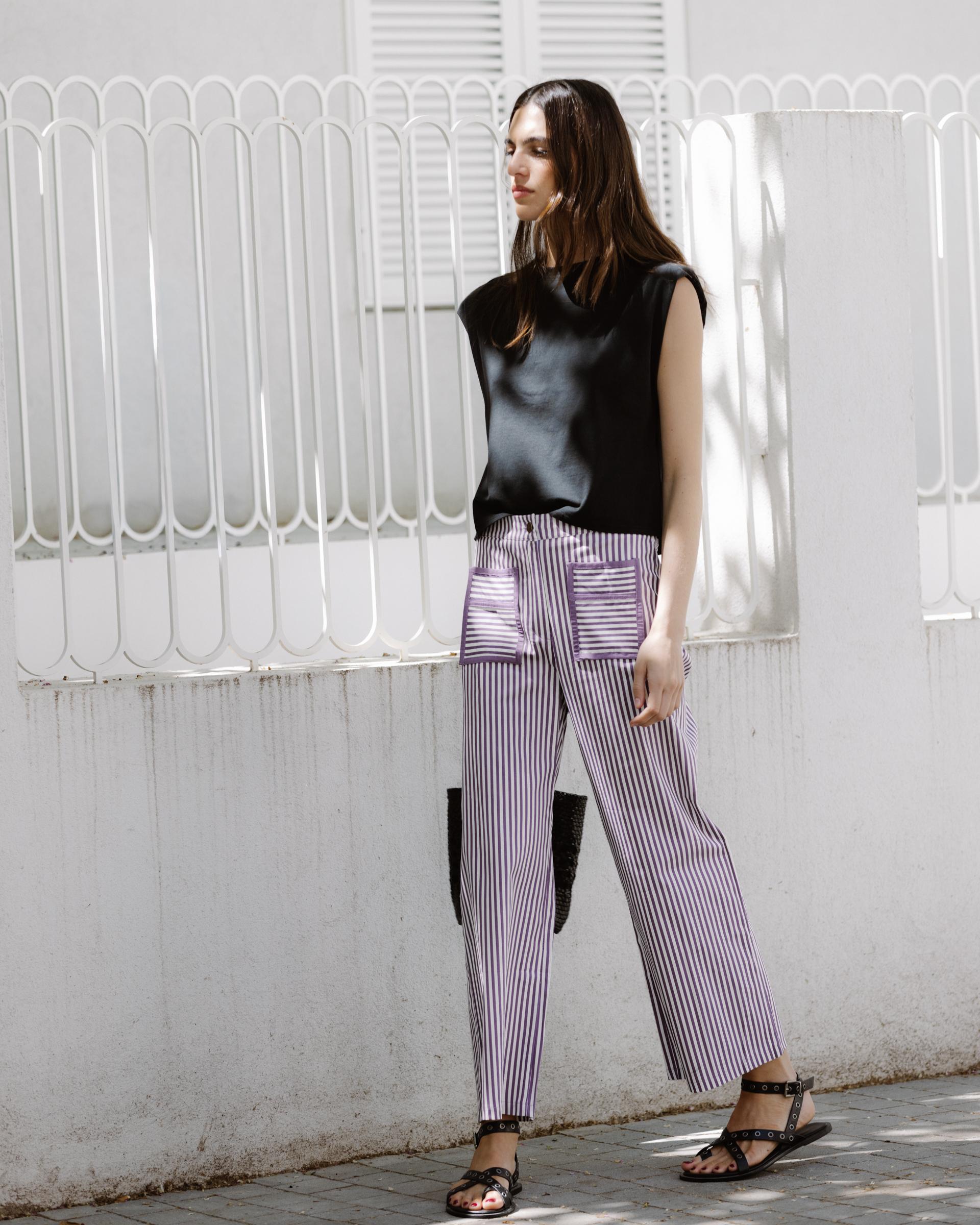 Jeans Rayas Bolsillos Contraste Morado