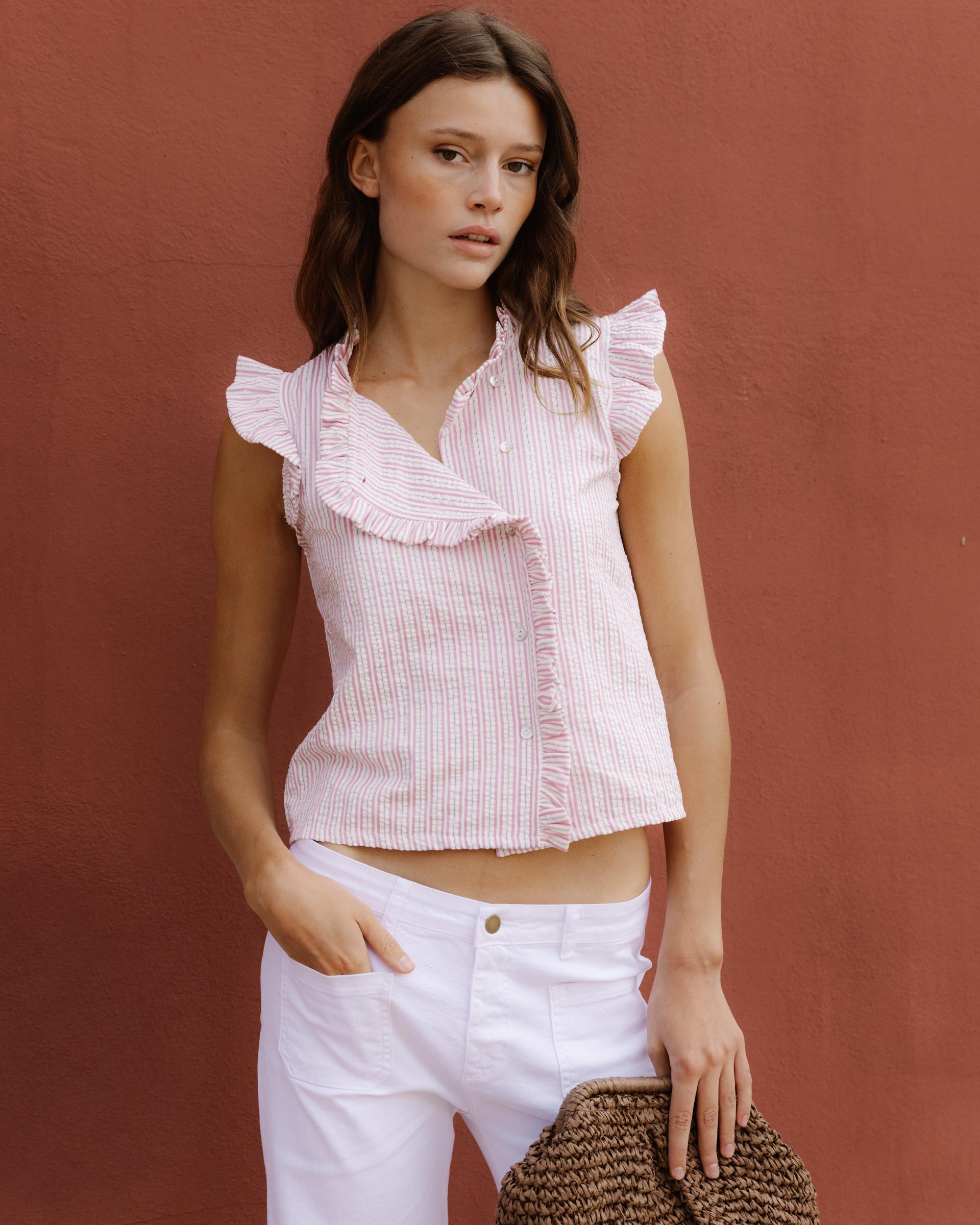 Blusa Sin Mangas Volantes Rayas Rosa