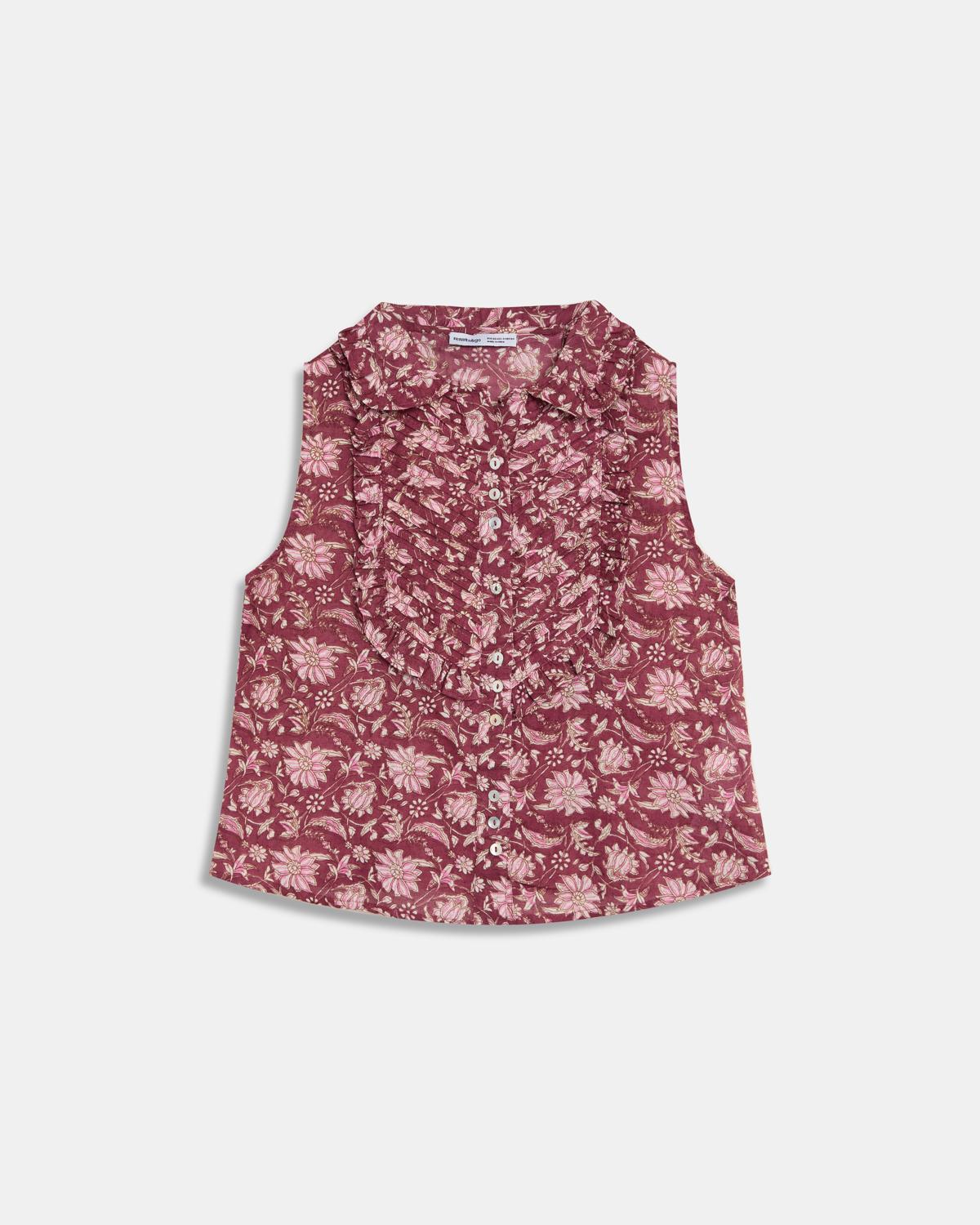 Blusa Sin Mangas Pechera Estampado Floral Granate
